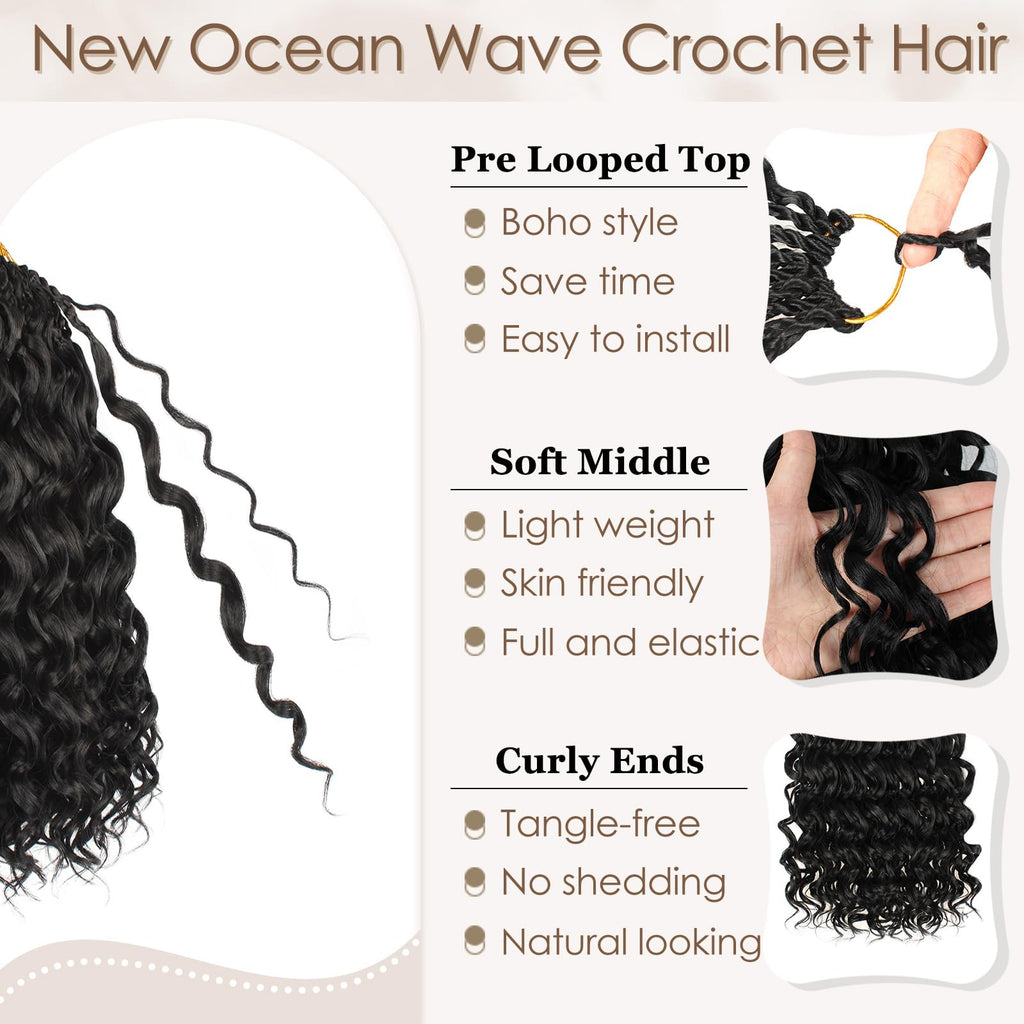 Enbeautiful 14 Inch 8 Packs Pre-Looped Ocean Wave Crochet Hair Pre-Twisted Deep Water Beach Curly Braiding Hair Synthetic Boho Wavy Curly Hair Extensions for Women（14 Inch,TBug）