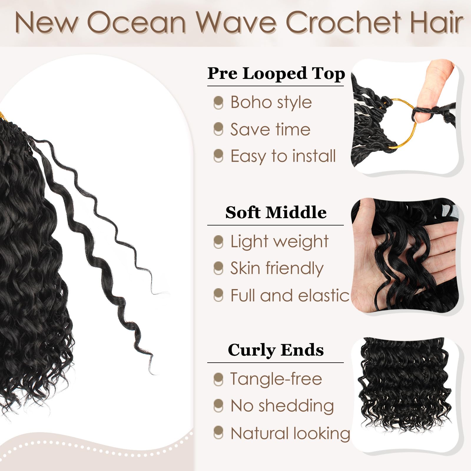 Enbeautiful 14 Inch 8 Packs Pre-Looped Ocean Wave Crochet Hair Pre-Twisted Deep Water Beach Curly Braiding Hair Synthetic Boho Wavy Curly Hair Extensions for Women（14 Inch,TBug）