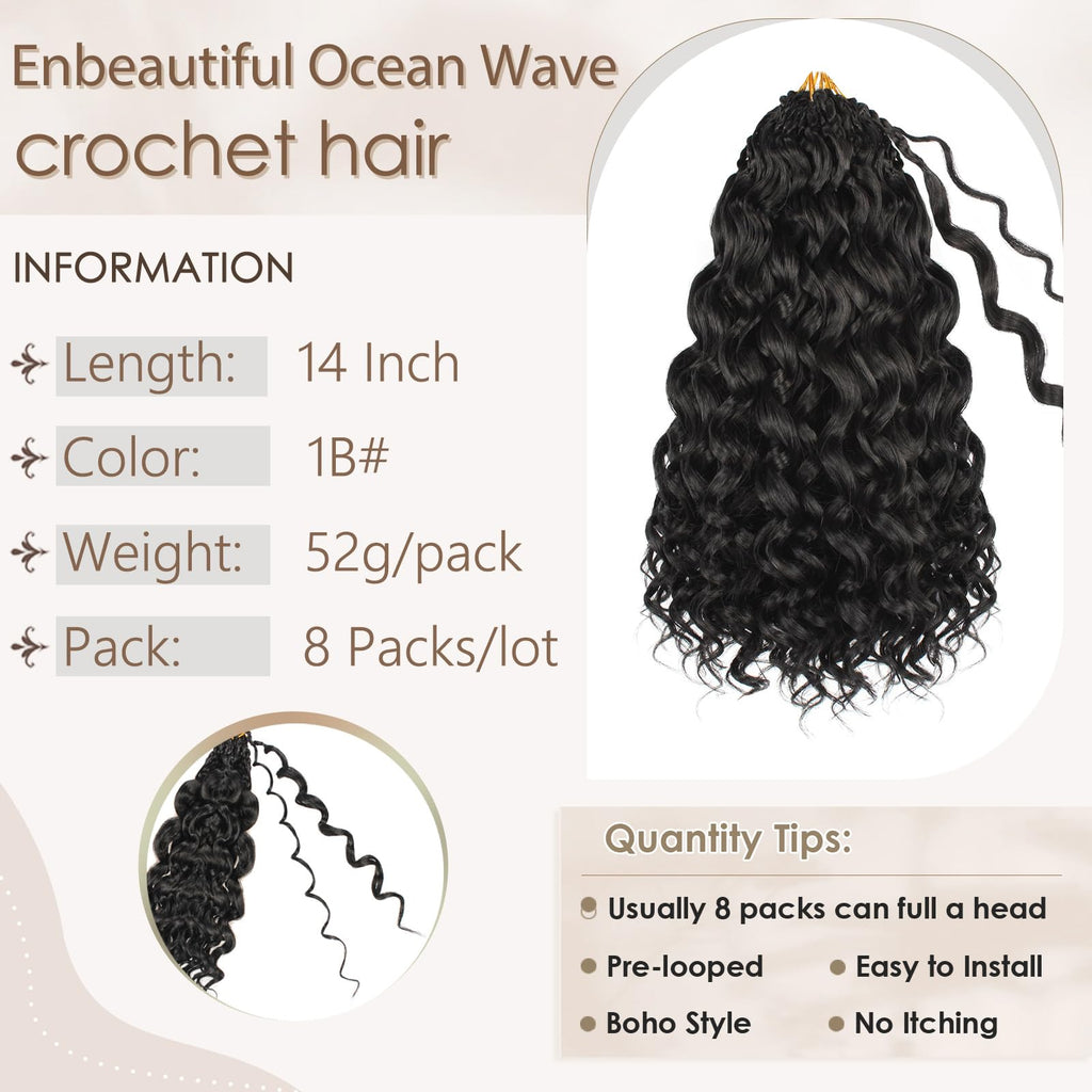 Enbeautiful 14 Inch 8 Packs Pre-Looped Ocean Wave Crochet Hair Pre-Twisted Deep Water Beach Curly Braiding Hair Synthetic Boho Wavy Curly Hair Extensions for Women（14 Inch,TBug）
