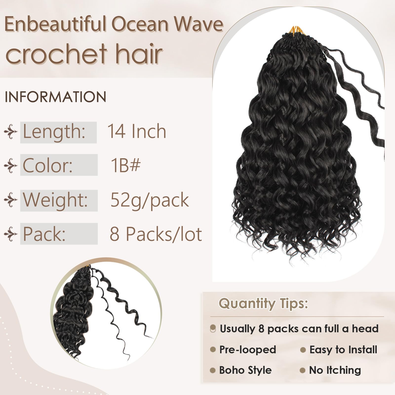 Enbeautiful 14 Inch 8 Packs Pre-Looped Ocean Wave Crochet Hair Pre-Twisted Deep Water Beach Curly Braiding Hair Synthetic Boho Wavy Curly Hair Extensions for Women（14 Inch,TBug）