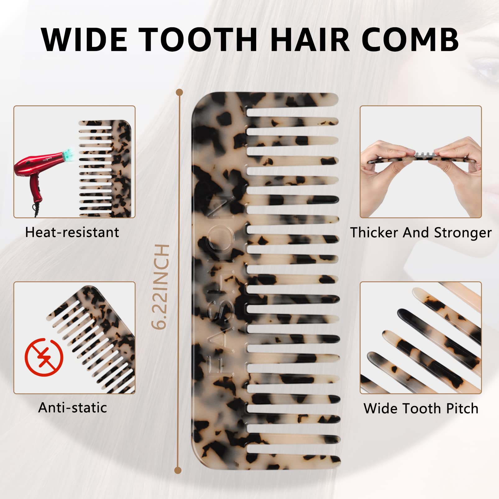 Peigne Démêloir Grosse Dent Large Brosse Cheveux Bouclés Résistant à la Chaleur Peignes Antistatiques en Fibre pour Cheveux Longs Mouillés ou Bouclés pour Femmes Enfants Barbier (Marron/Blanc)