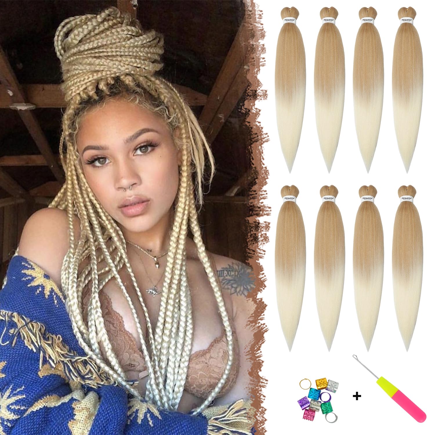 FESHFEN Meches pour Tresses Africaine Rajout Cheveux Tresses Pré étiré Tressage Braiding Hair Synthétiques Yaki 8 Packs Hair Braids Extensions de cheveux pour Femme 65cm Noir cassé à Auburn clair
