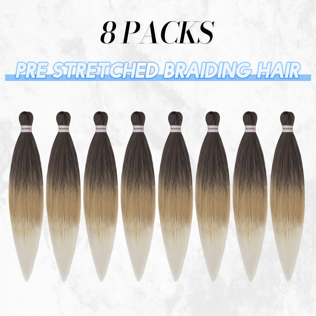 FESHFEN Meches pour Tresses Africaine Rajout Cheveux Tresses Pré étiré Tressage Braiding Hair Synthétiques Yaki 8 Packs Hair Braids Extensions de cheveux pour Femme 65cm Noir cassé à Auburn clair