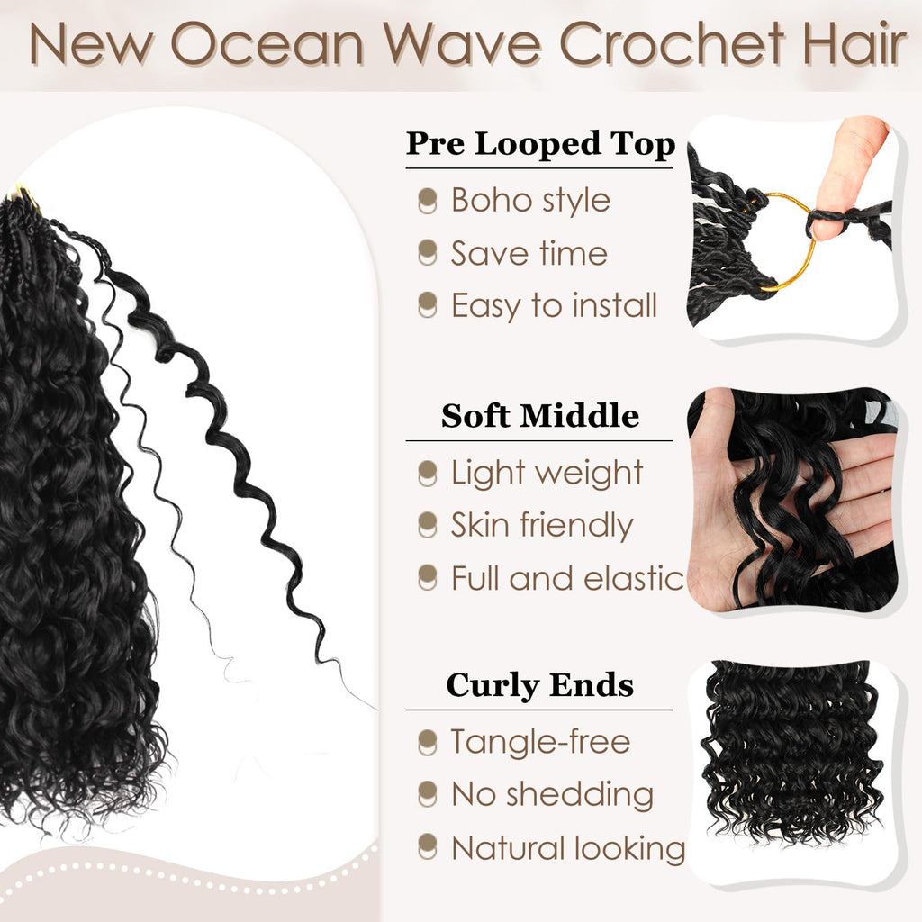 Enbeautiful 14 Inch 8 Packs Pre-Looped Ocean Wave Crochet Hair Pre-Twisted Deep Water Beach Curly Braiding Hair Synthetic Boho Wavy Curly Hair Extensions for Women（14 Inch,TBug）