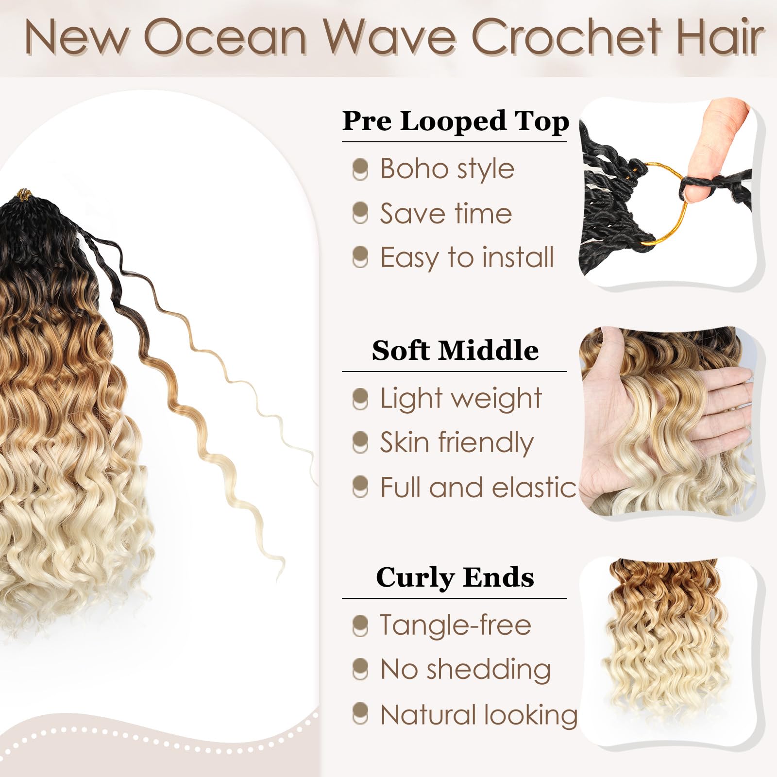 Enbeautiful 14 Inch 8 Packs Pre-Looped Ocean Wave Crochet Hair Pre-Twisted Deep Water Beach Curly Braiding Hair Synthetic Boho Wavy Curly Hair Extensions for Women（14 Inch,TBug）