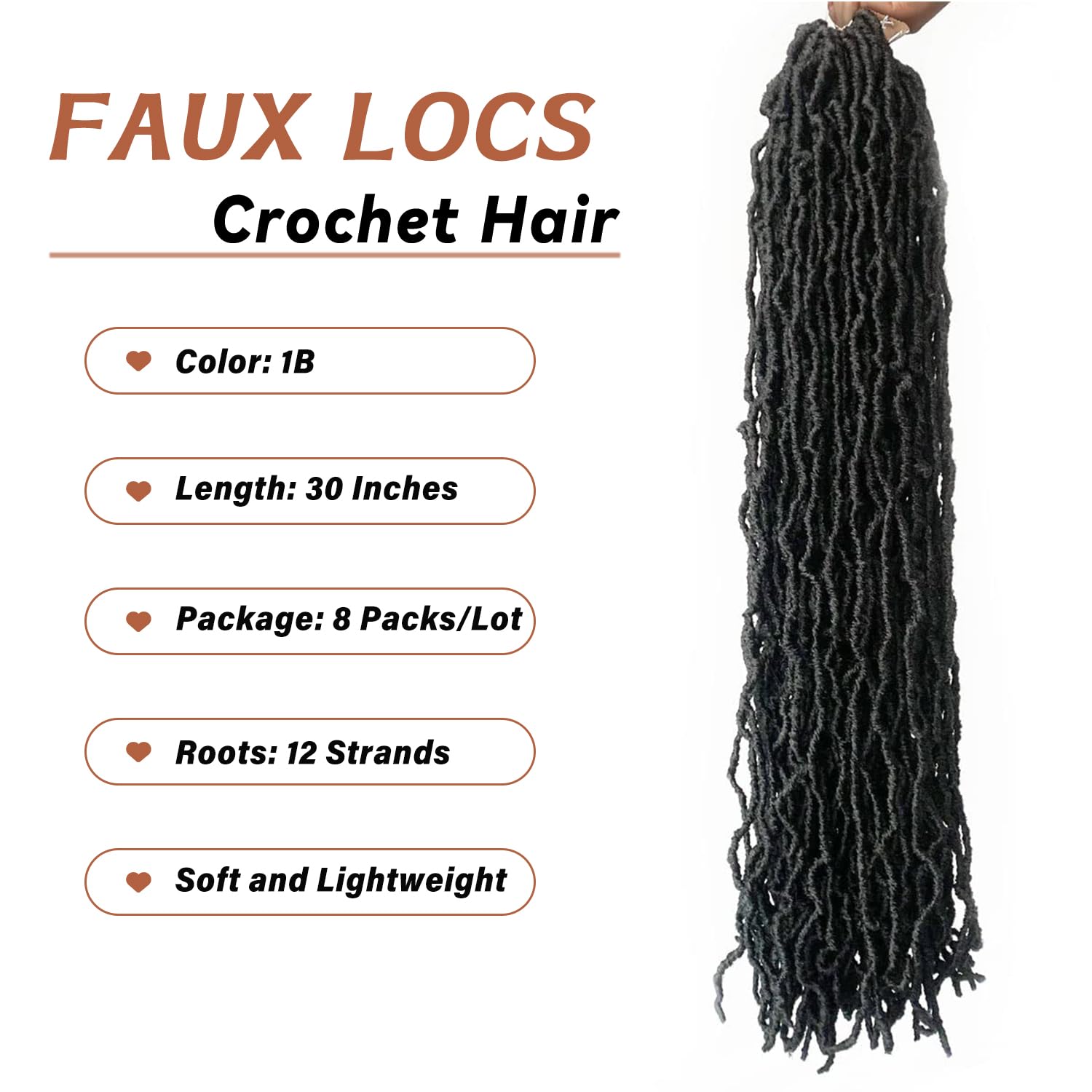 8 Packs Faux Locks Crochet Braids Meches Soft Locs Meches Pour Tresses Africaine Faux Locs Crochet Hair Meches Bouclees Pour Tresses (#1B, 60.9 CM(Lot de 8))