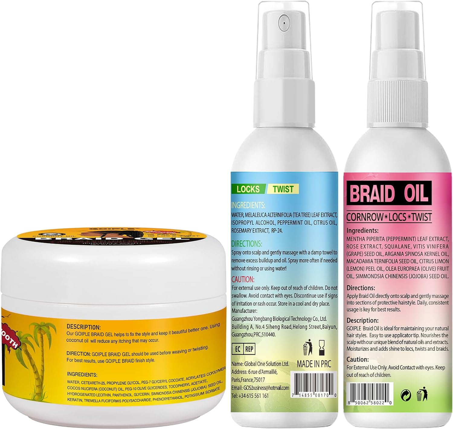 Coffret Gel Cheveux Bouclés avec Shampoing Tressé et Huile Spray – Lissant pour Twists, Locs, Tresses, Cornrows et Contrôle des Bords – Gel Cheveux Afro Kit Soin Coiffant Tressé Facile à Utiliser