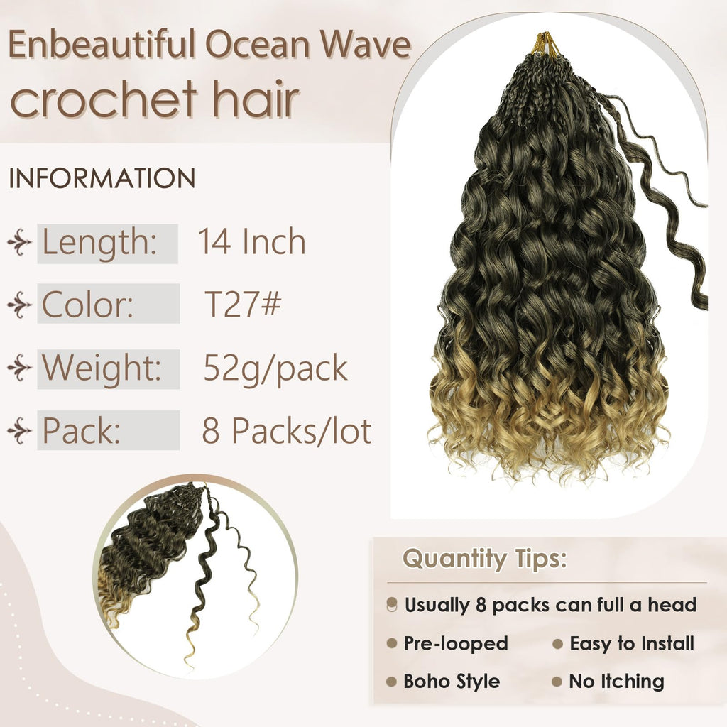 Enbeautiful 14 Inch 8 Packs Pre-Looped Ocean Wave Crochet Hair Pre-Twisted Deep Water Beach Curly Braiding Hair Synthetic Boho Wavy Curly Hair Extensions for Women（14 Inch,TBug）