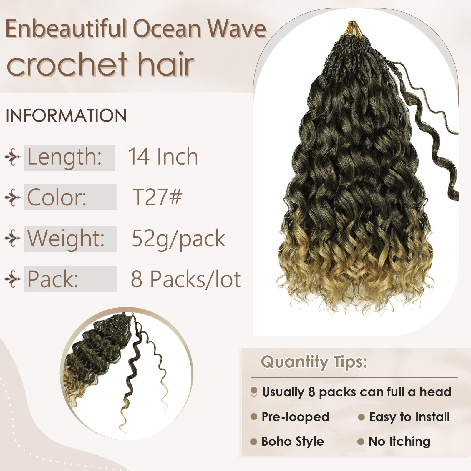 Enbeautiful 14 Inch 8 Packs Pre-Looped Ocean Wave Crochet Hair Pre-Twisted Deep Water Beach Curly Braiding Hair Synthetic Boho Wavy Curly Hair Extensions for Women（14 Inch,TBug）