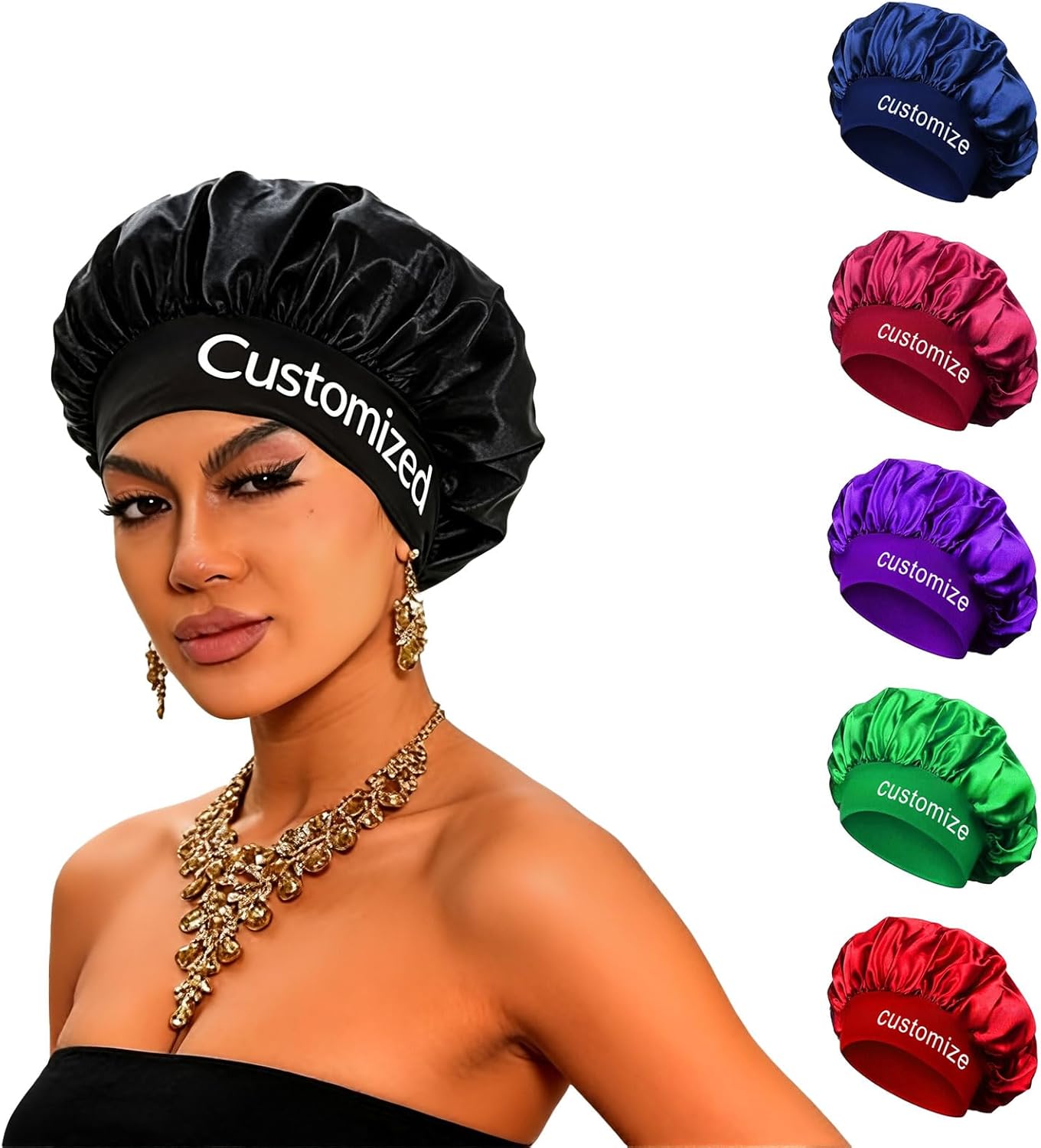 Bonnet En Satin Avec Image/Texte Personnalisé, Réutilisable Doux Et Confortable, Mèche élastique pour Dormir, Couvre-Cheveux de Nuit pour Cheveux Bouclés, Parfait Pour Protéger Vos Cheveux