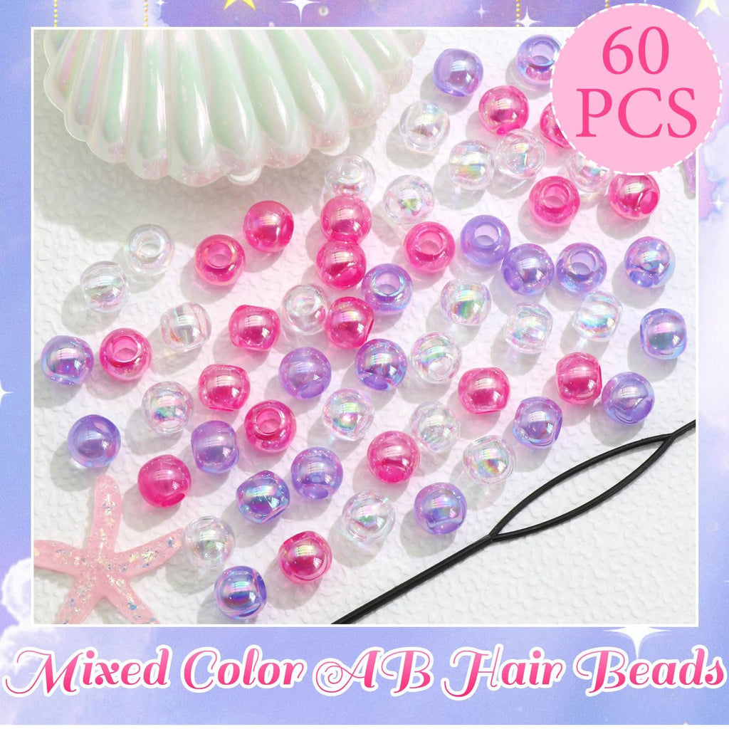60PCS Perles à Tresser AB Pour Enfants Filles Perles Rondes en Acrylique Bleu Violet Transparent avec Aide à L'Enfilage