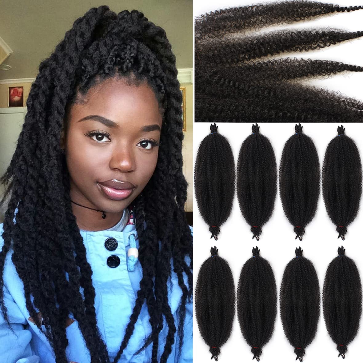 Leeven 16 Pouces Pre Separated Springy Twist Hair 8 Packs Pre-Fluffed Popping Crochet for Distressed Locs Afro Kinky Curly Marley Braiding Hair Extensions /1B#