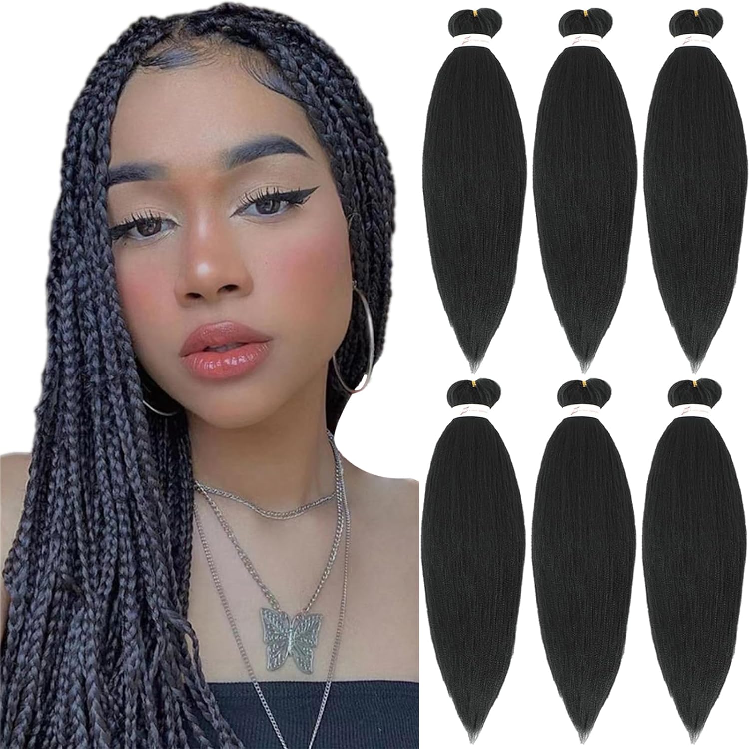 Rajout Cheveux Tressés Pré-étirés Noir Naturelles Black 30 Pouces Long Kanekalon Easy Braids Meches Cheveux pour Tresses Africaine 6 Paquets Knotless Yaki Nattes Extensions de Cheveux(1B#)