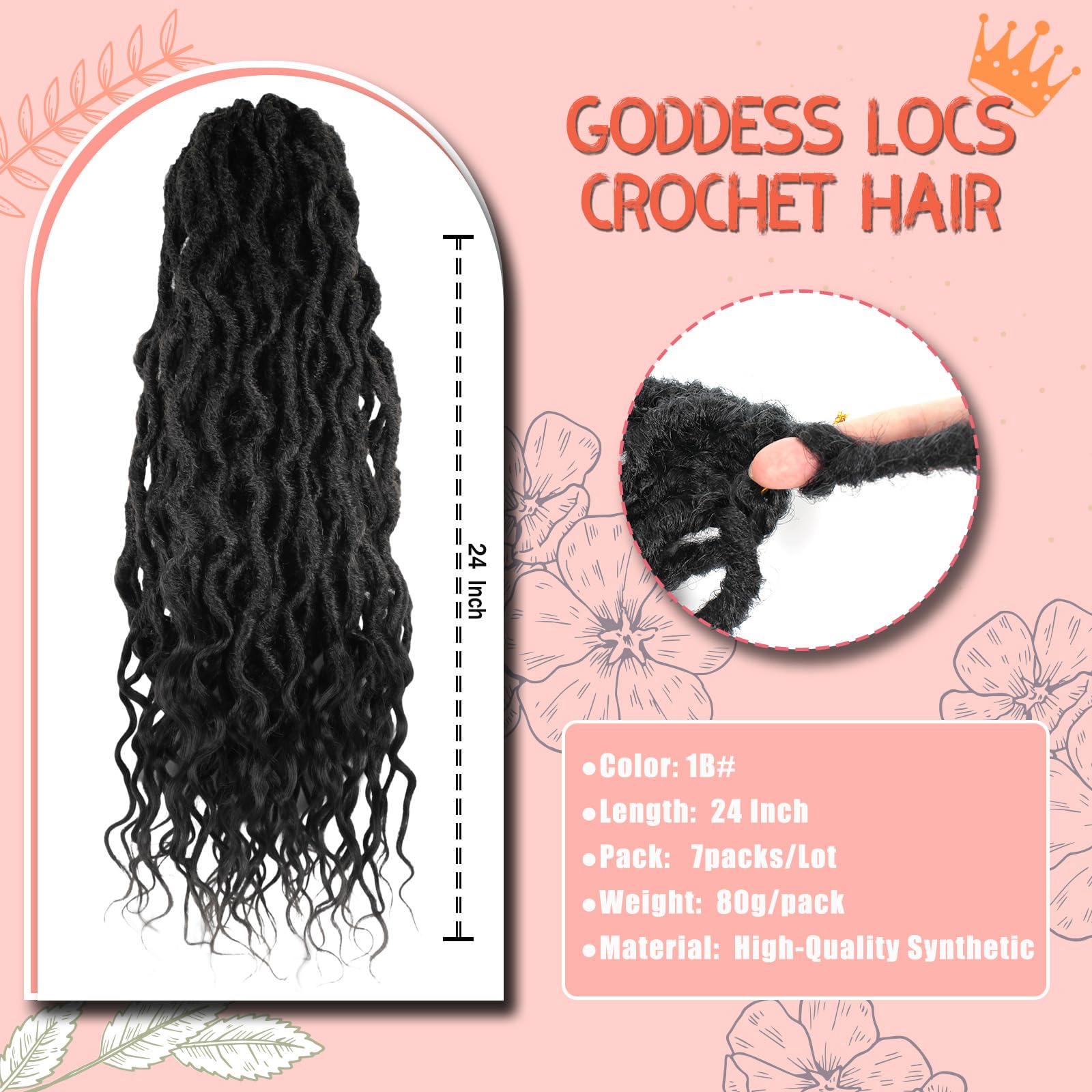 Faux Locs Crochet Hair 24Inch 7 Packs Pre-Looped Ombre Soft Locs With Curly Ends Dreadlock Goddess Loc Crochet Hair for Women（24Inch，OT1B/30/27#）