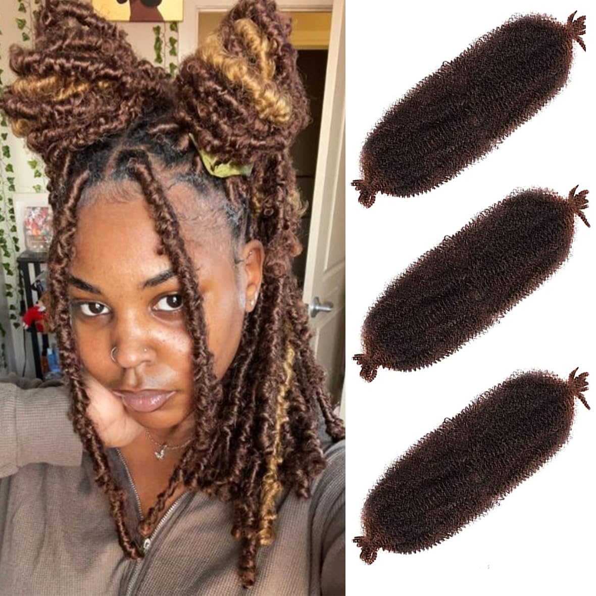 Leeven 16 Pouces Pre Separated Springy Twist Hair 8 Packs Pre-Fluffed Popping Crochet for Distressed Locs Afro Kinky Curly Marley Braiding Hair Extensions /1B#