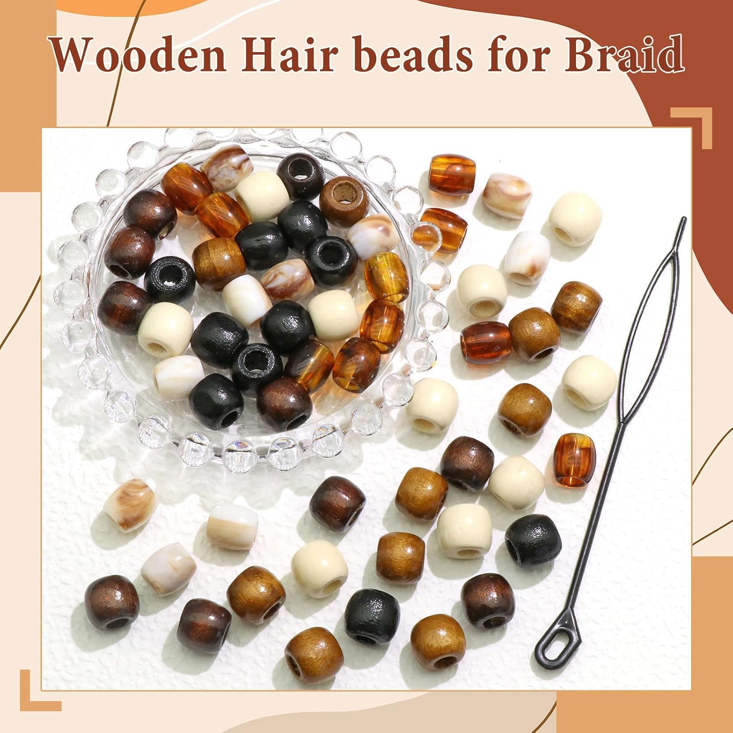 Auroriel 60 pièces perles à cheveux en bois multi-style pour tresses, dreadlocks, clips à tresses, DIY accessoires pour cheveux avec aide à l'enfilage
