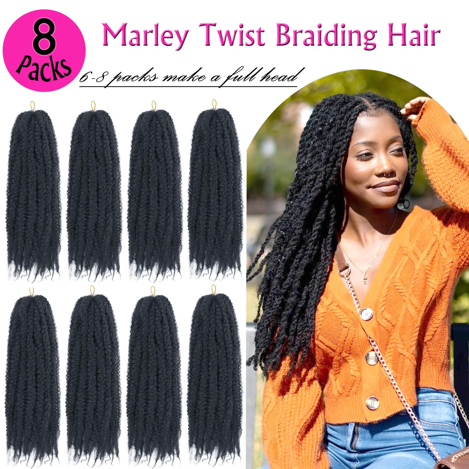 Enbeautiful Marley Twist Hair 24 Inch 8packs Marley Twists Braiding Hair Long Cuban Twist Hair Pre Fluffed Afro Kinky Curly Twists Crochet Hair Synthetic Marley Braids Extensions,27#