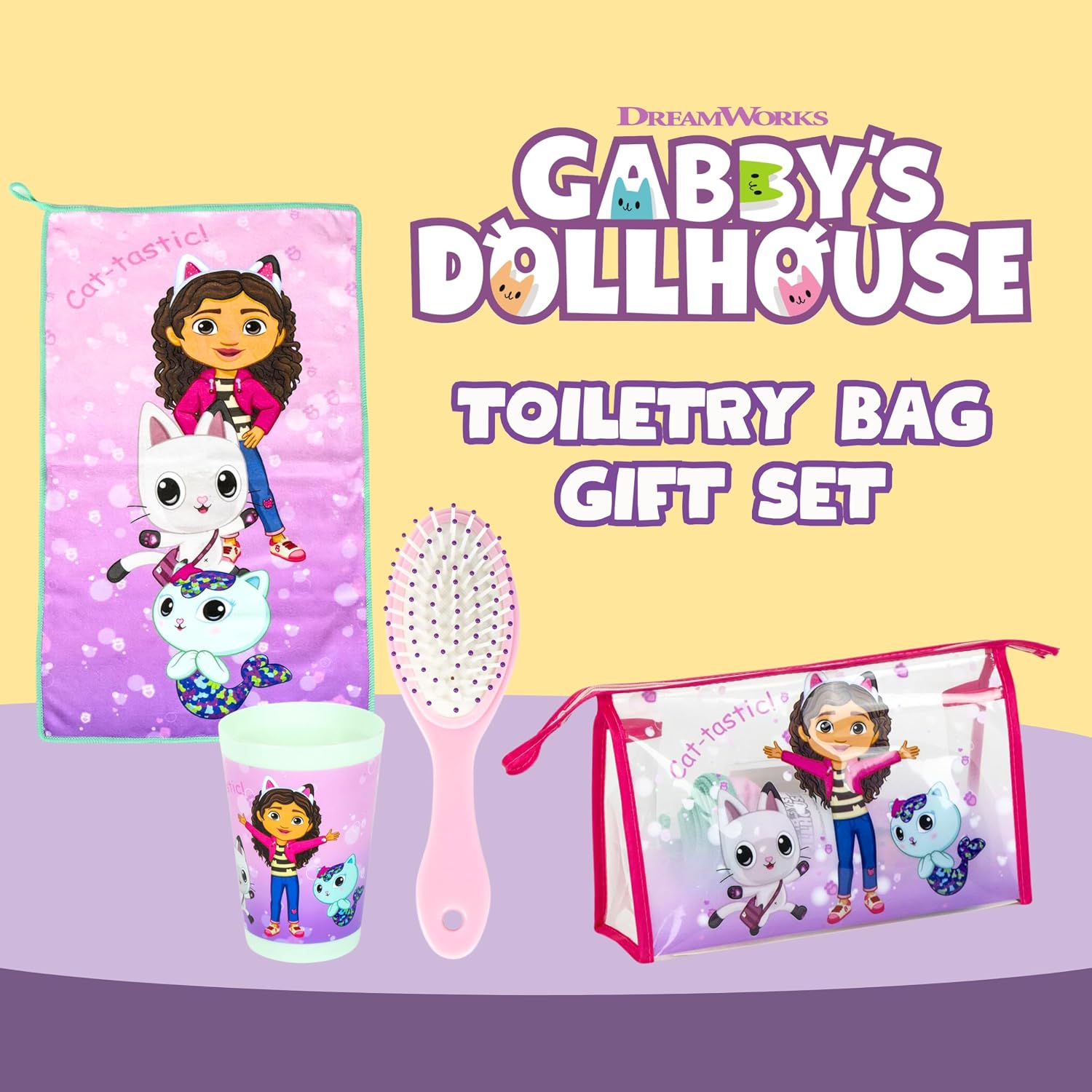 Gabby's Doll House Trousse de Toilette pour Filles, Comprend Verre, Brosse à Cheveux, Serviette et Trousse de Toilette pour Enfants Pandy Paws Gabby et Mercat Design