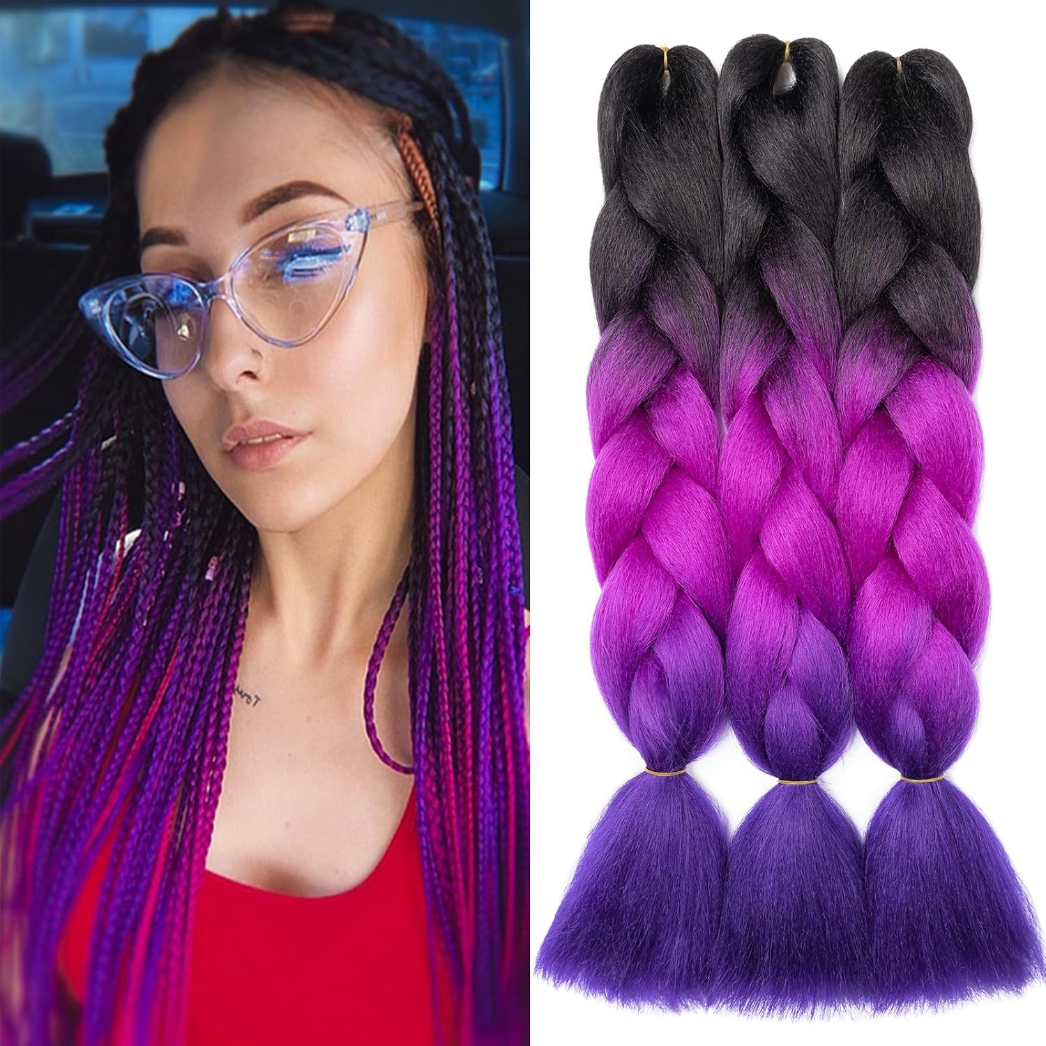 Meches pour Tresses Africaine Rajout Cheveux Braids Jumbo Extension Cheveux Ombre Synthétique Violet & Bleu & Jaune & Orange