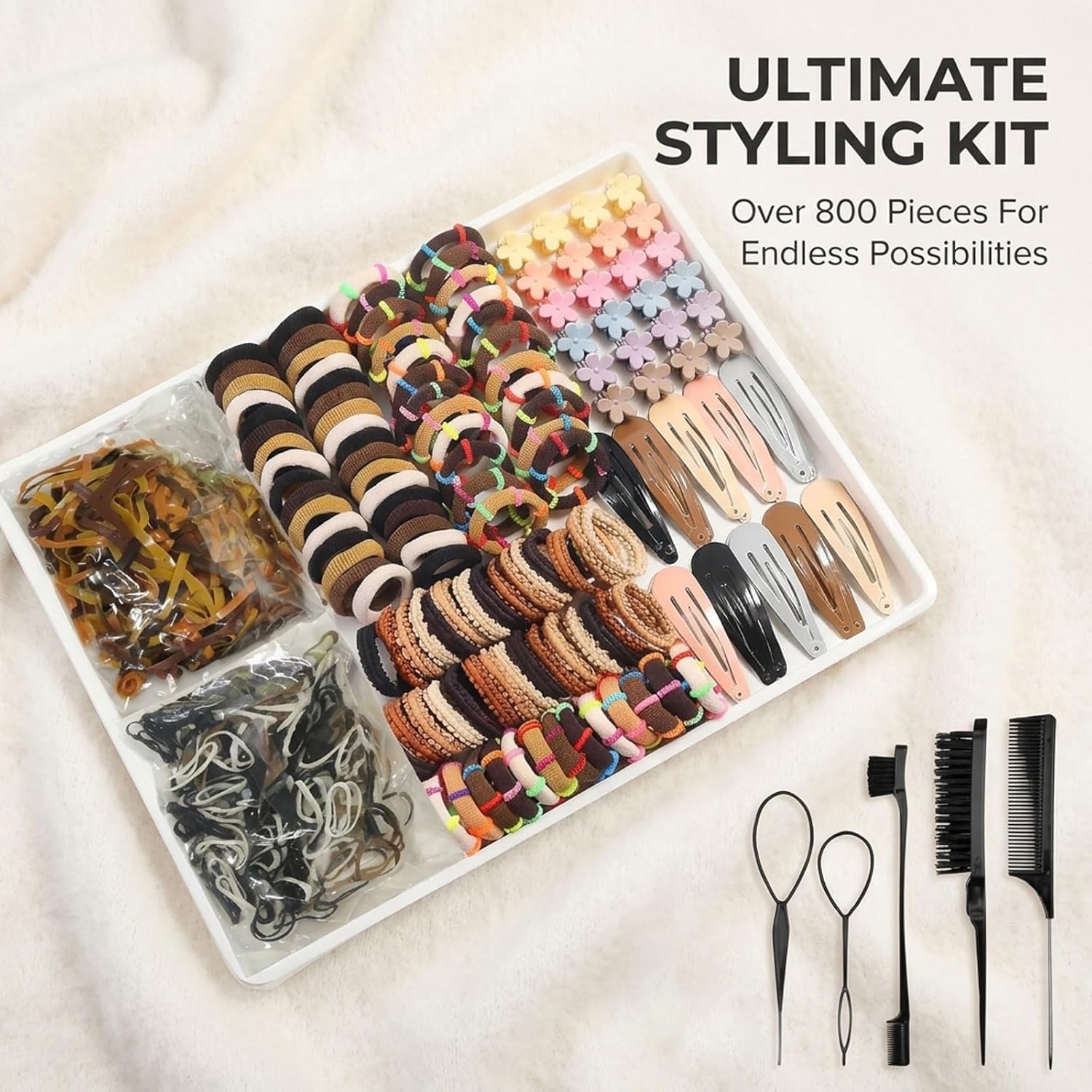 835 PCS Haargummis Mädchen – Mini élastiques & petits élastiques ensemble avec pinces à cheveux & outils de coiffure couleurs neutres