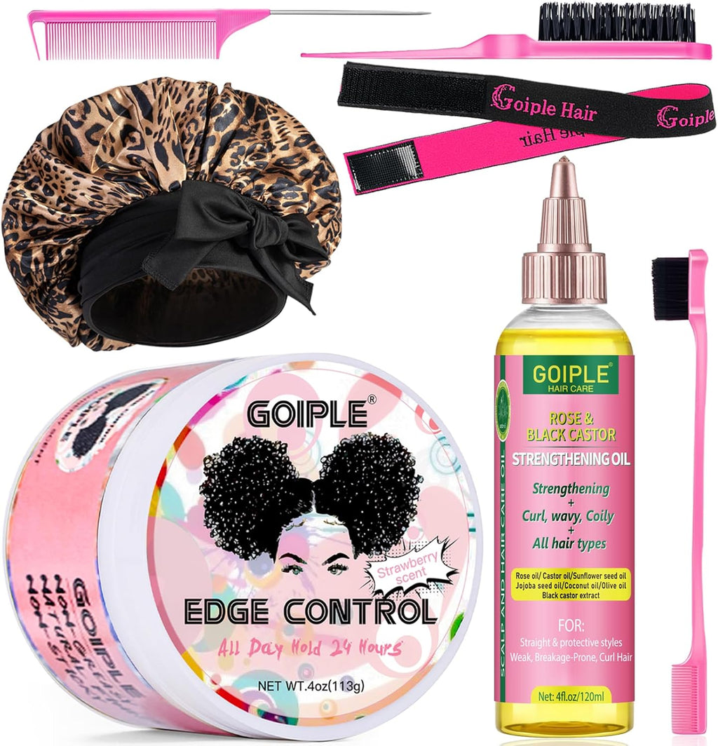 Edge Control Wax for Femmes Forte Tenue -Cire Cheveux Gel pour Cheveux Noirs - Huile Capillaire à la Rose & Ricin pour la Pousse des Cheveux Huile Capillaire Fortifiante Ensemble