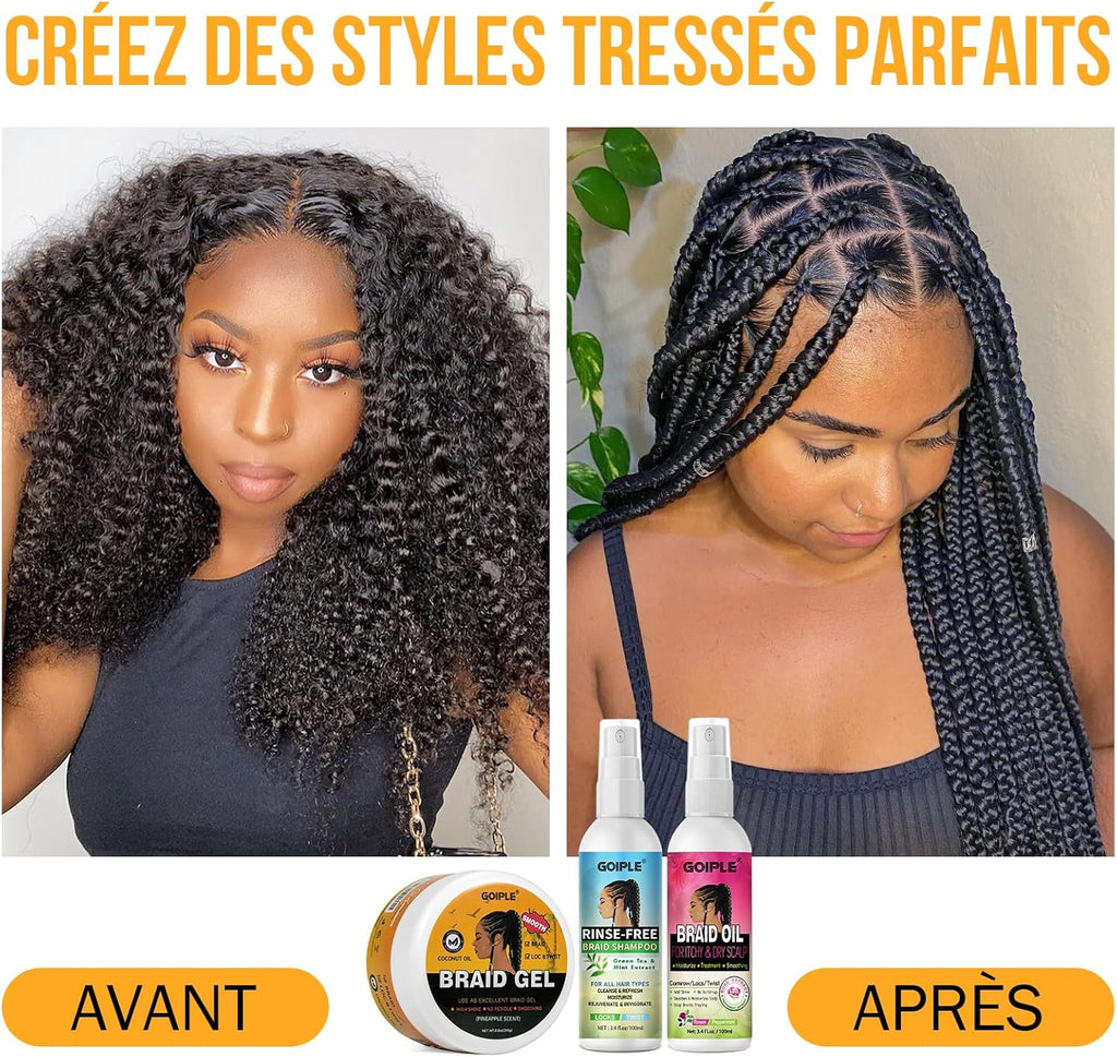 Coffret Gel Cheveux Bouclés avec Shampoing Tressé et Huile Spray – Lissant pour Twists, Locs, Tresses, Cornrows et Contrôle des Bords – Gel Cheveux Afro Kit Soin Coiffant Tressé Facile à Utiliser