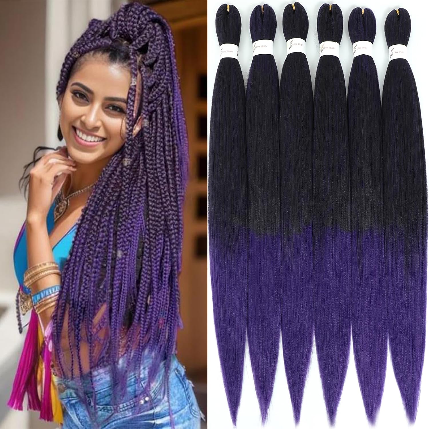 Rajout Cheveux Tressés Pré-étirés Noir Naturelles Black 30 Pouces Long Kanekalon Easy Braids Meches Cheveux pour Tresses Africaine 6 Paquets Knotless Yaki Nattes Extensions de Cheveux(1B#)