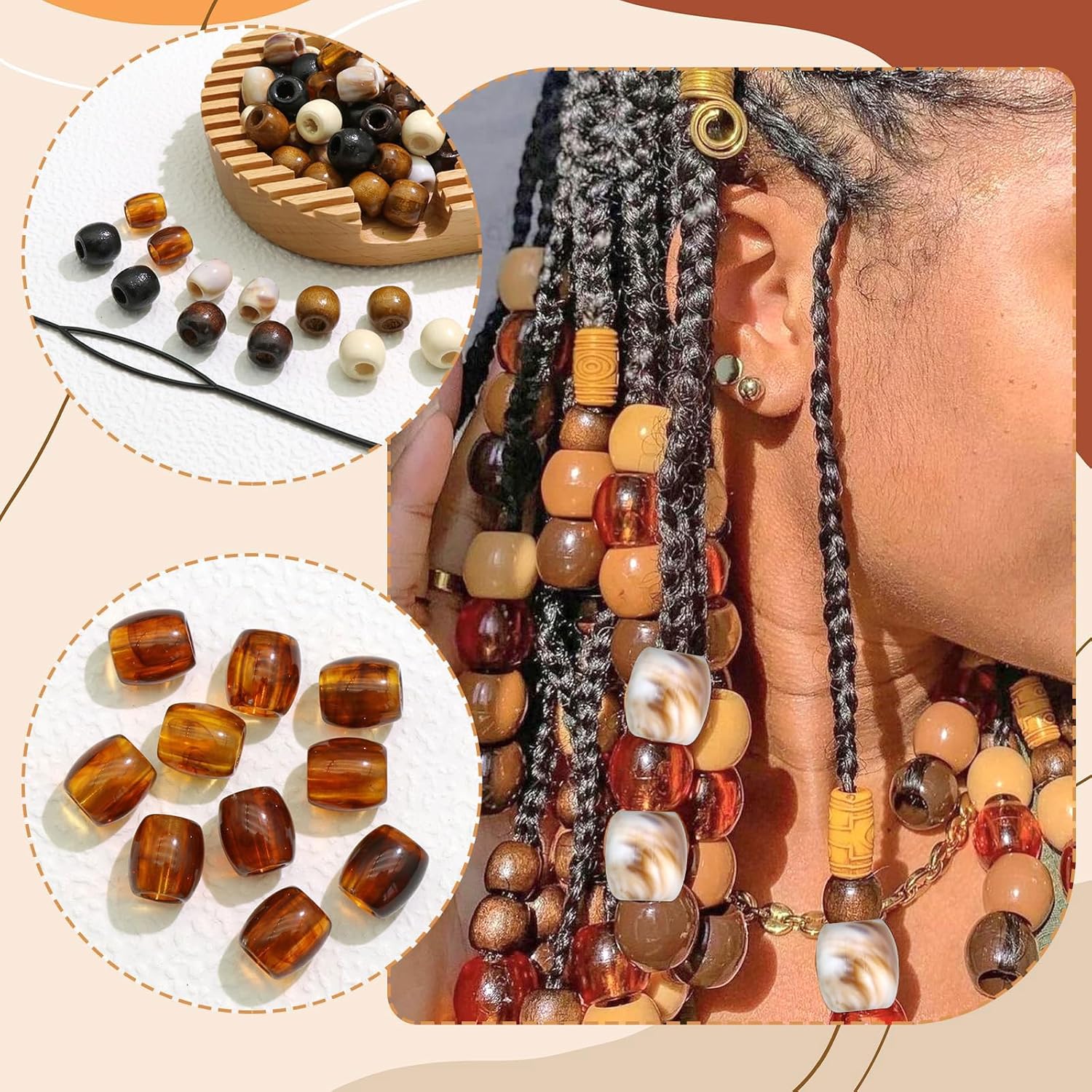Auroriel 60 pièces perles à cheveux en bois multi-style pour tresses, dreadlocks, clips à tresses, DIY accessoires pour cheveux avec aide à l'enfilage