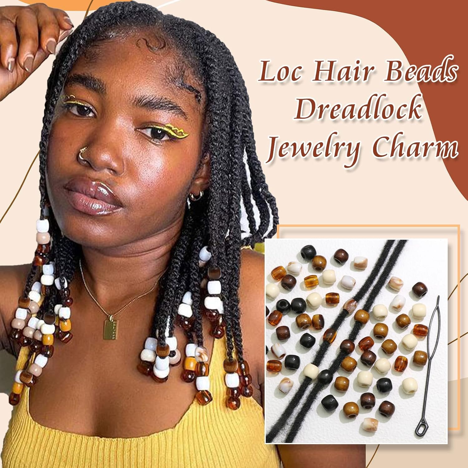 Auroriel 60 pièces perles à cheveux en bois multi-style pour tresses, dreadlocks, clips à tresses, DIY accessoires pour cheveux avec aide à l'enfilage