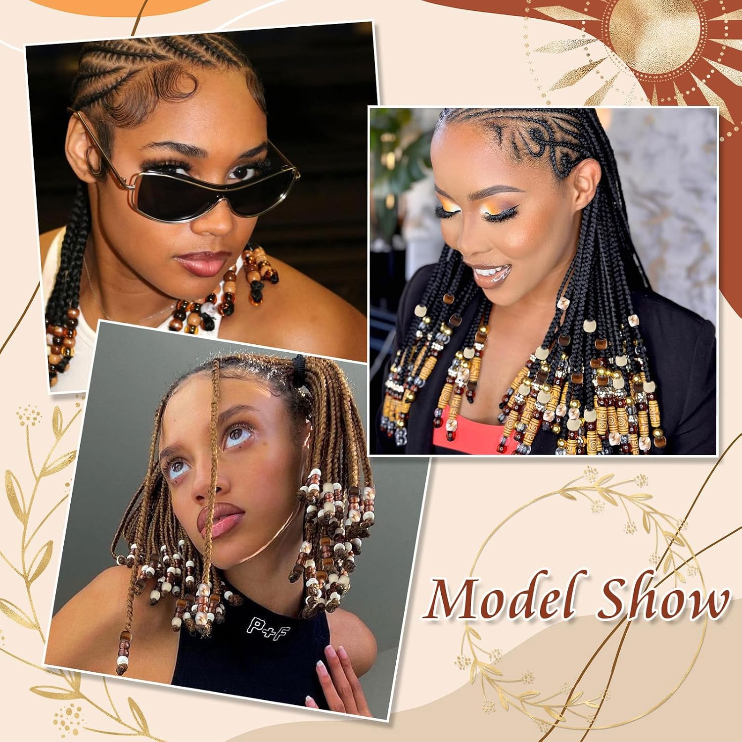 Auroriel 60 pièces perles à cheveux en bois multi-style pour tresses, dreadlocks, clips à tresses, DIY accessoires pour cheveux avec aide à l'enfilage