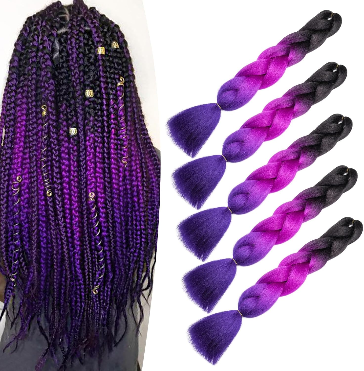 Meches pour Tresses Africaine Rajout Cheveux Braids Jumbo Extension Cheveux Ombre Synthétique Violet & Bleu & Jaune & Orange