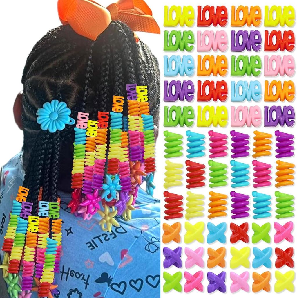 60 pièces perles à cheveux multicolores pour filles enfants tresses dreadlocks multi-formes LOVE spirale X avec aide à l'enfilage