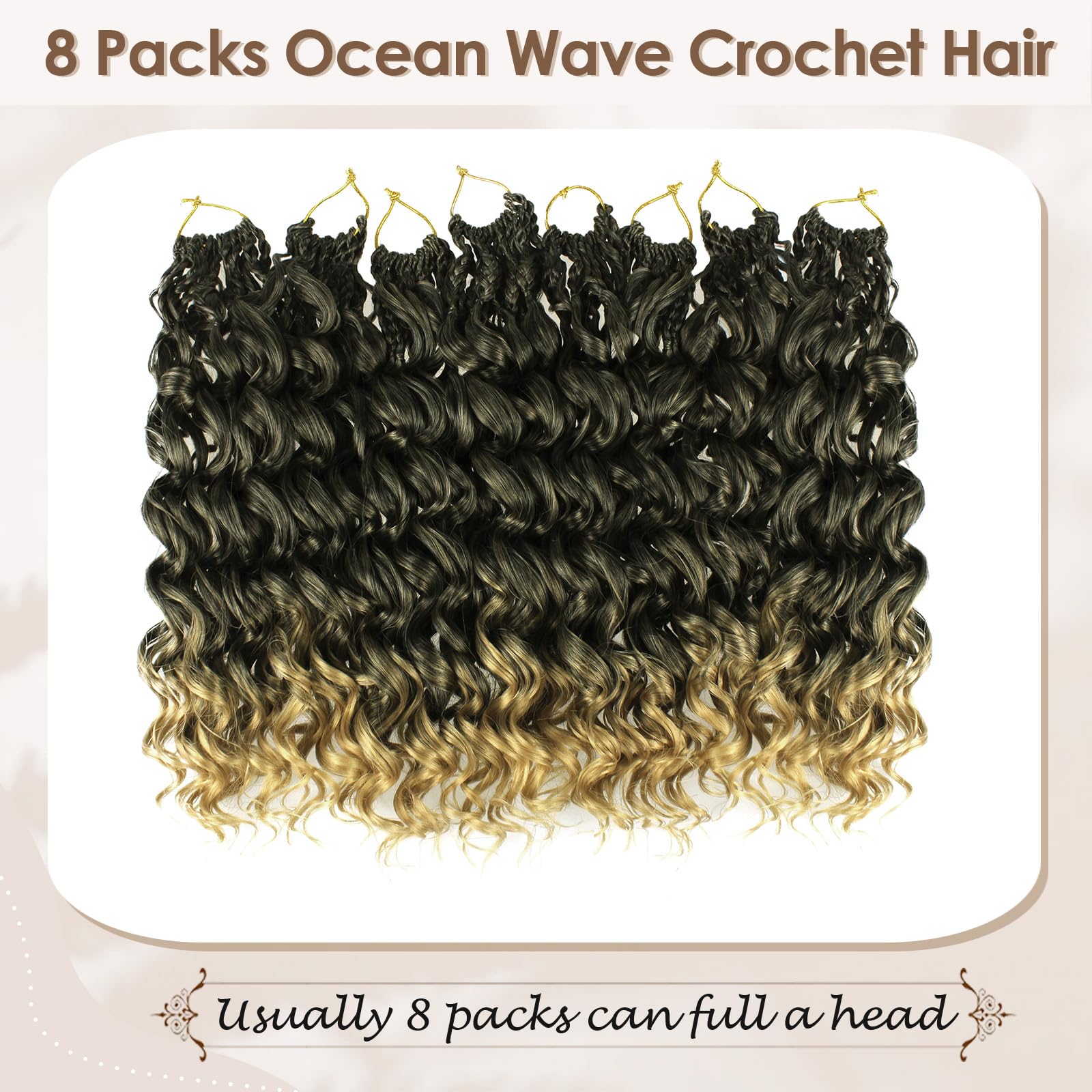 Enbeautiful 14 Inch 8 Packs Pre-Looped Ocean Wave Crochet Hair Pre-Twisted Deep Water Beach Curly Braiding Hair Synthetic Boho Wavy Curly Hair Extensions for Women（14 Inch,TBug）