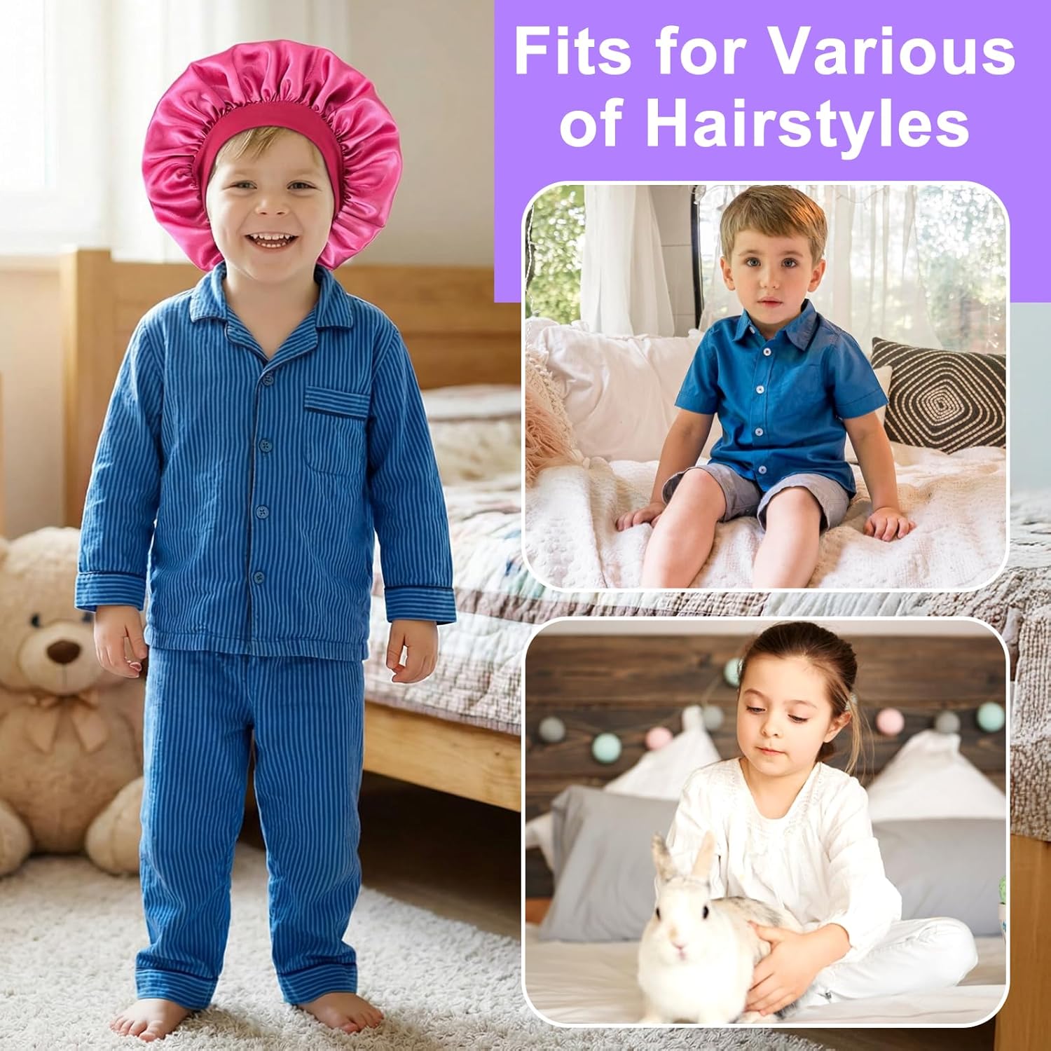 Lot de 2 bonnets en satin de soie pour le sommeil des enfants, à large bande élastique pour cheveux bouclés naturels, bonnet de couchage pour nourrissons, adolescents, tout-petits, garçons et