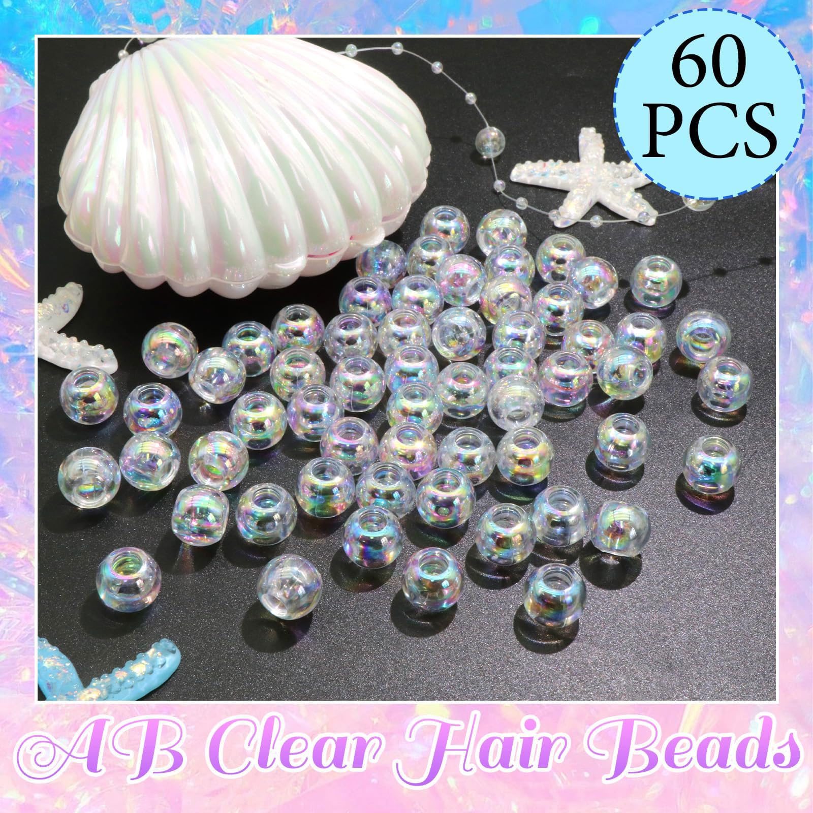60PCS Perles à Tresser AB Pour Enfants Filles Perles Rondes en Acrylique Bleu Violet Transparent avec Aide à L'Enfilage