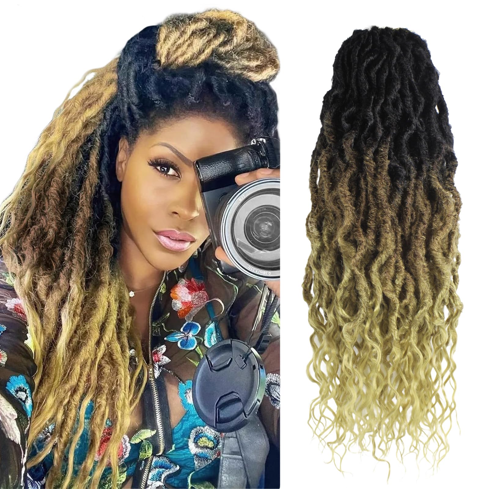 Faux Locs Crochet Hair 24Inch 7 Packs Pre-Looped Ombre Soft Locs With Curly Ends Dreadlock Goddess Loc Crochet Hair for Women（24Inch，OT1B/30/27#）