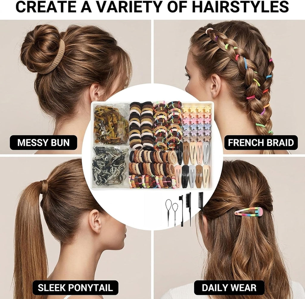 835 PCS Haargummis Mädchen – Mini élastiques & petits élastiques ensemble avec pinces à cheveux & outils de coiffure couleurs neutres