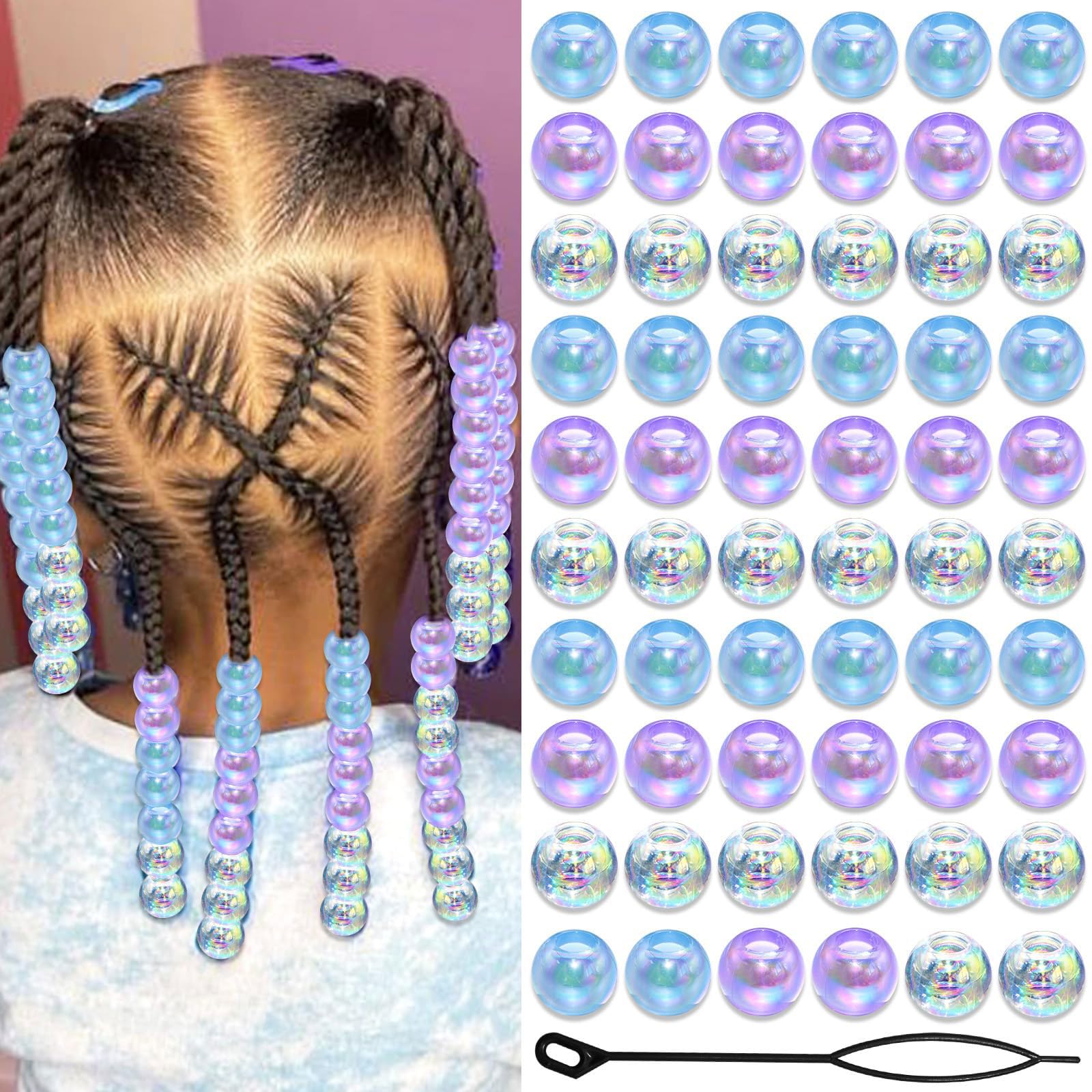 60PCS Perles à Tresser AB Pour Enfants Filles Perles Rondes en Acrylique Bleu Violet Transparent avec Aide à L'Enfilage