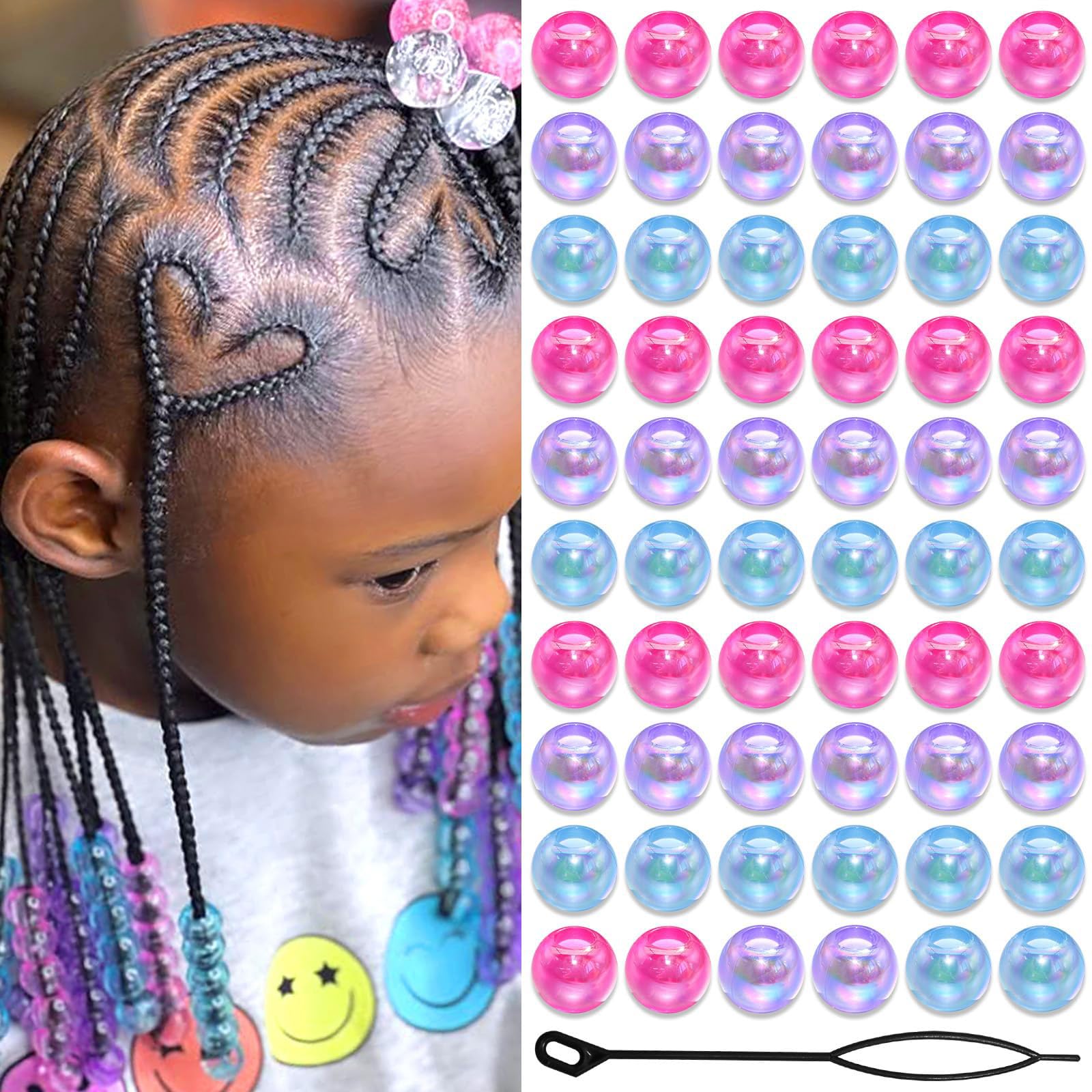 60PCS Perles à Tresser AB Pour Enfants Filles Perles Rondes en Acrylique Bleu Violet Transparent avec Aide à L'Enfilage