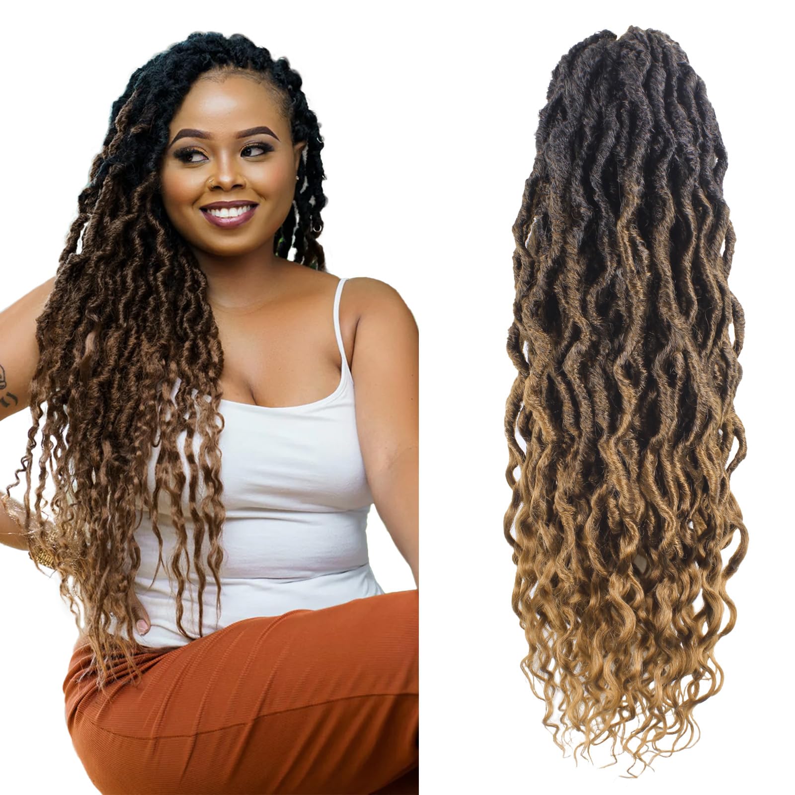 Faux Locs Crochet Hair 24Inch 7 Packs Pre-Looped Ombre Soft Locs With Curly Ends Dreadlock Goddess Loc Crochet Hair for Women（24Inch，OT1B/30/27#）