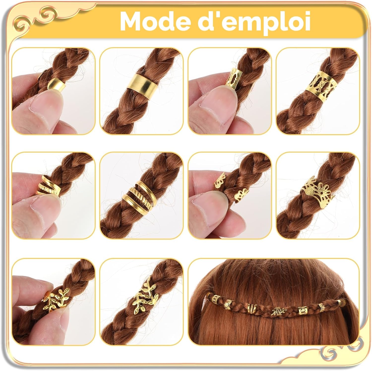 Tyqour Lot de 50 Pièces Bijoux Cheveux Tresse Doré, Bijoux de Cheveux, à Cheveux Dorées Pour Tresses, Accessoires Pour Dreadlocks, Accessoires Pour Dreadlocks, Pour Hommes, Femmes