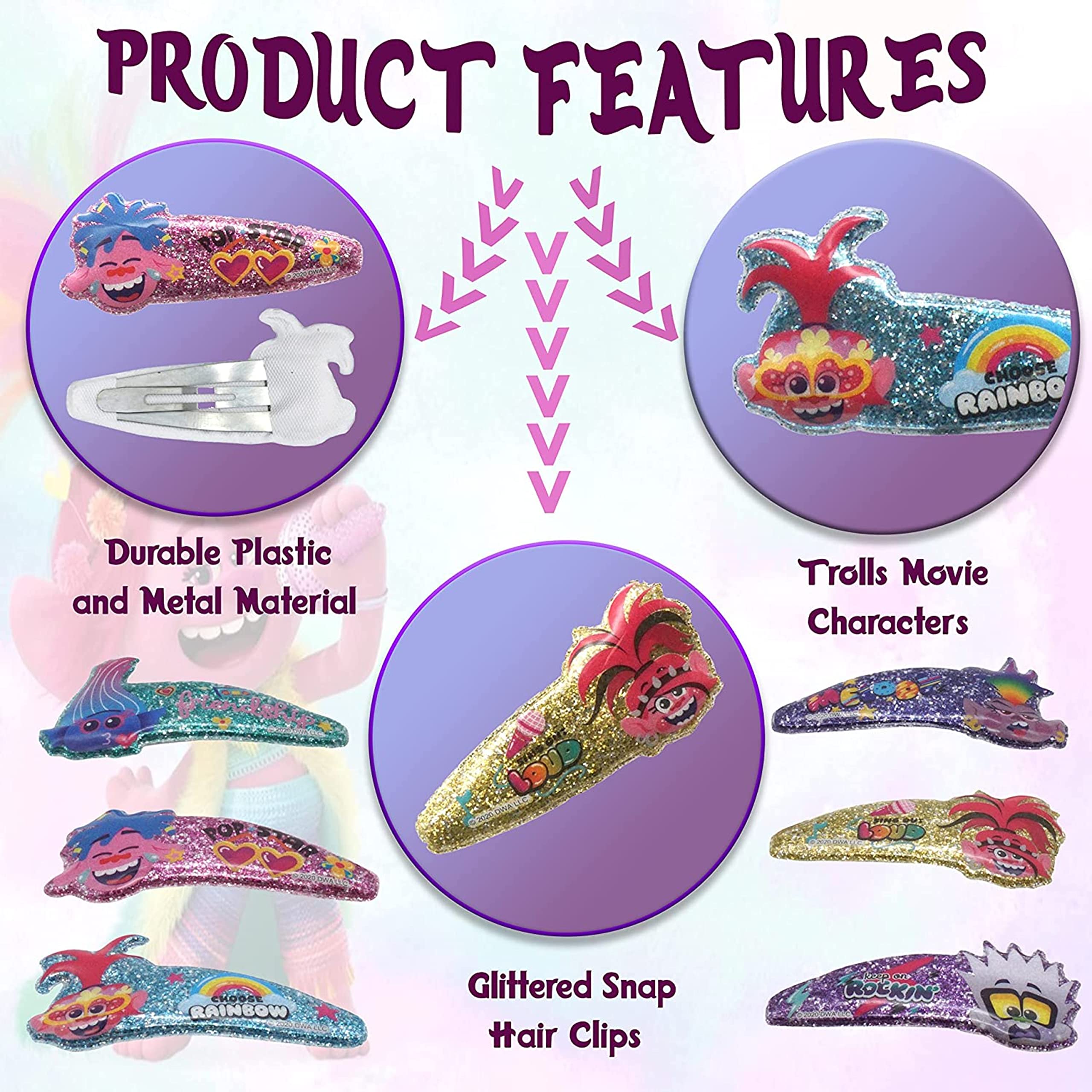 Accessoires à cheveux Trolls pour enfants, brosse à cheveux pour filles, pompons, nœud à cheveux et pince à cheveux pour enfants, pinces à cheveux multicolores pailletées avec de belles breloques