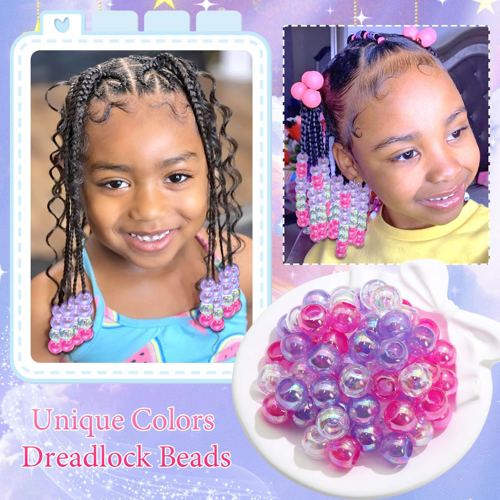 60PCS Perles à Tresser AB Pour Enfants Filles Perles Rondes en Acrylique Bleu Violet Transparent avec Aide à L'Enfilage