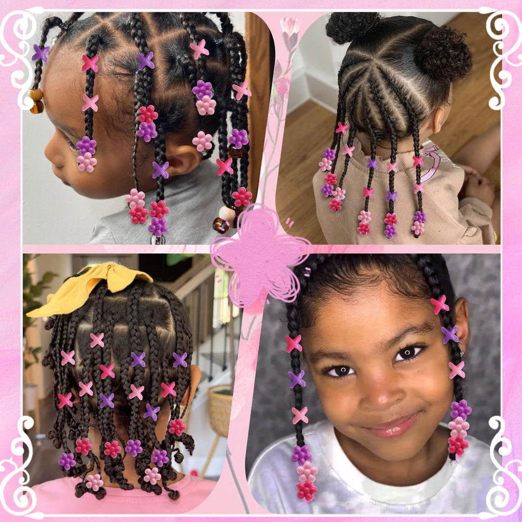 60 perles à cheveux fleuries pour enfants filles, perles à tresses multicolores, mélange de violet, rose et rose clair avec aide à l'enfilage