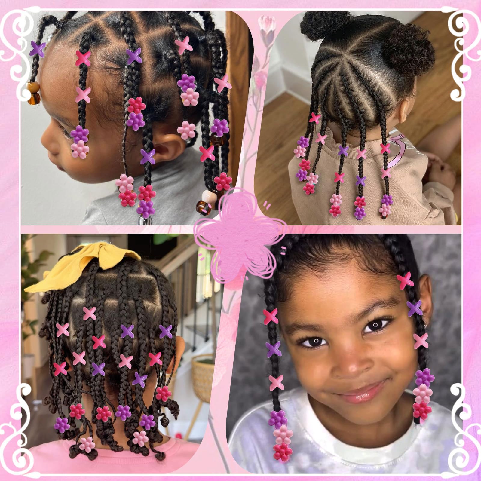 60 perles à cheveux fleuries pour enfants filles, perles à tresses multicolores, mélange de violet, rose et rose clair avec aide à l'enfilage