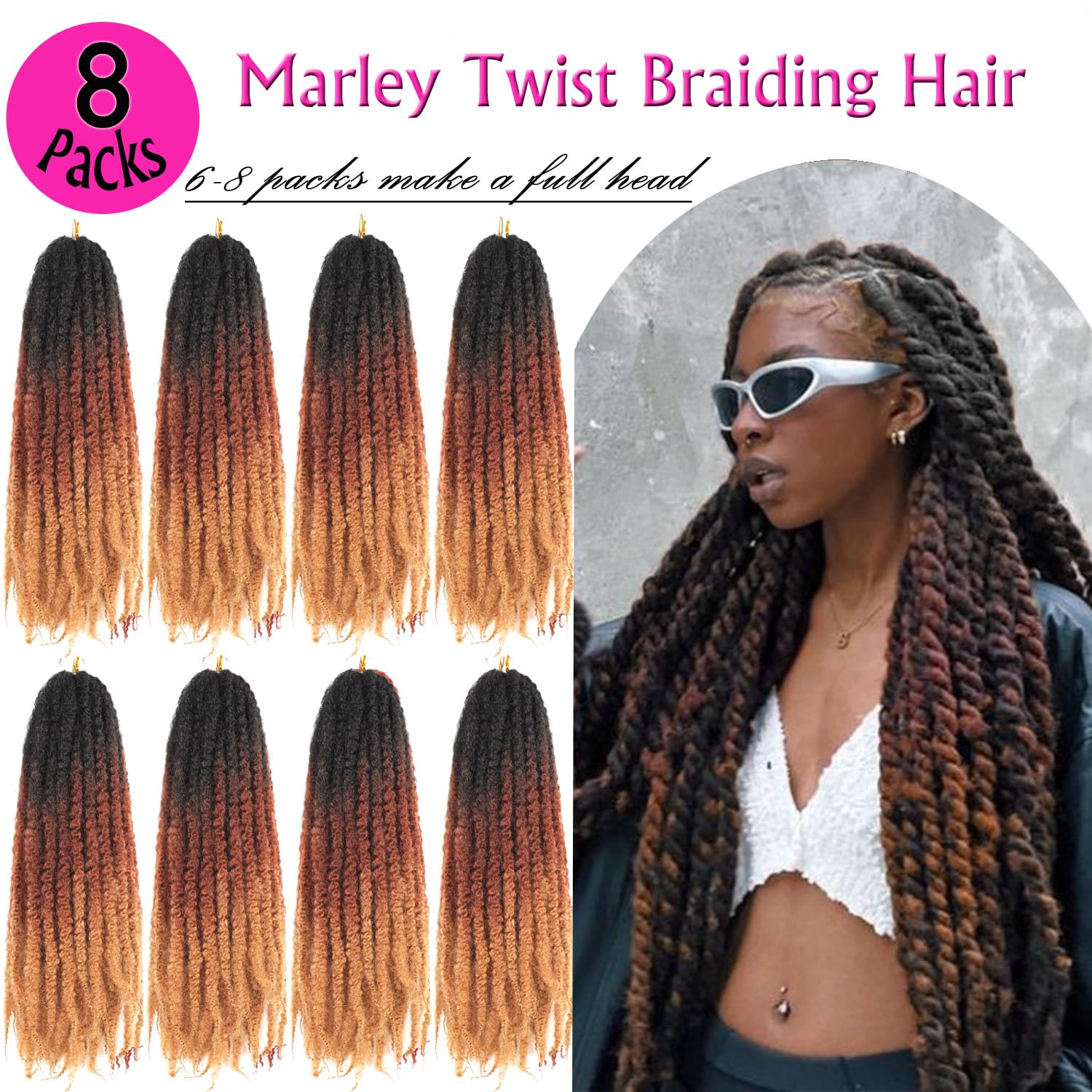 Enbeautiful Marley Twist Hair 24 Inch 8packs Marley Twists Braiding Hair Long Cuban Twist Hair Pre Fluffed Afro Kinky Curly Twists Crochet Hair Synthetic Marley Braids Extensions,27#
