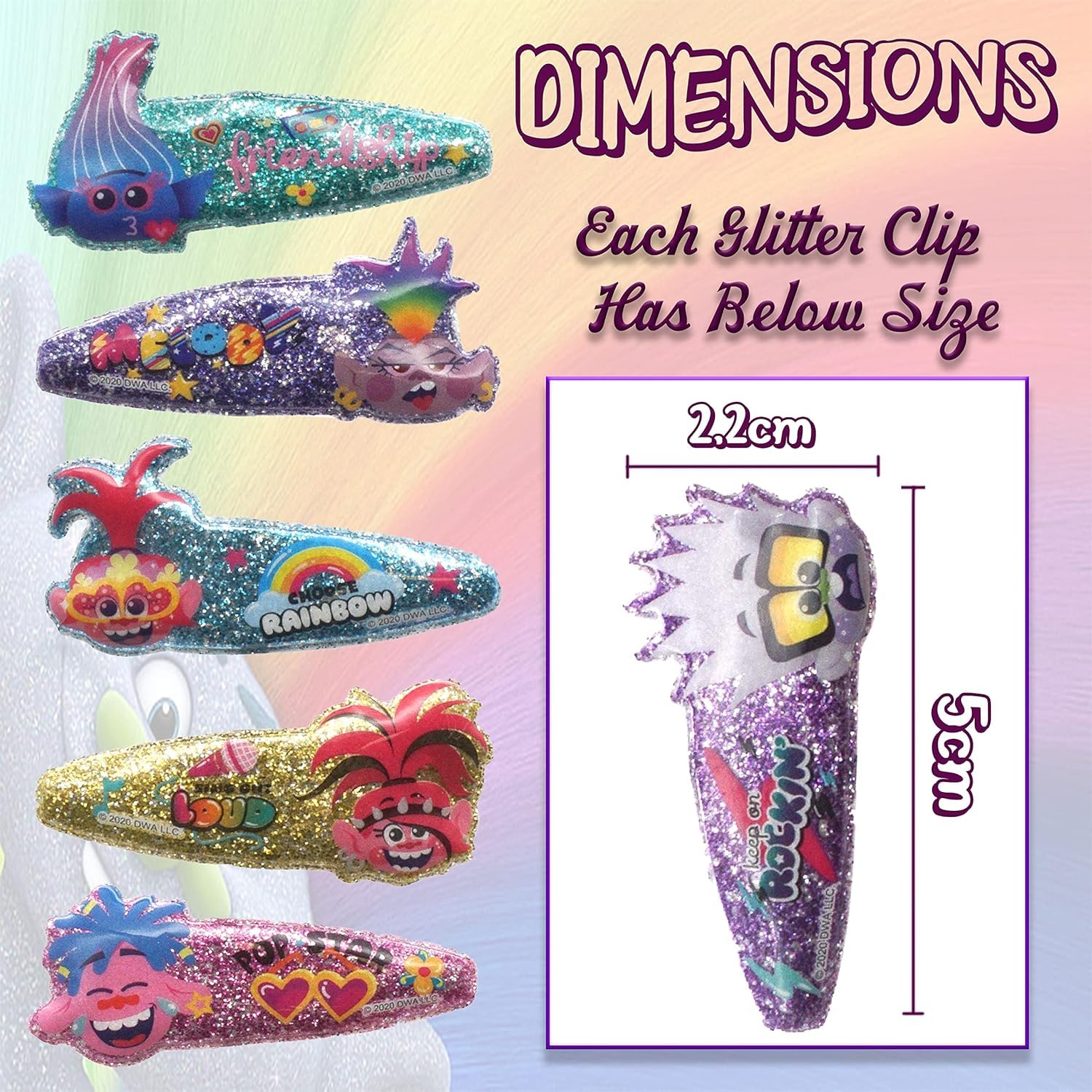 Accessoires à cheveux Trolls pour enfants, brosse à cheveux pour filles, pompons, nœud à cheveux et pince à cheveux pour enfants, pinces à cheveux multicolores pailletées avec de belles breloques