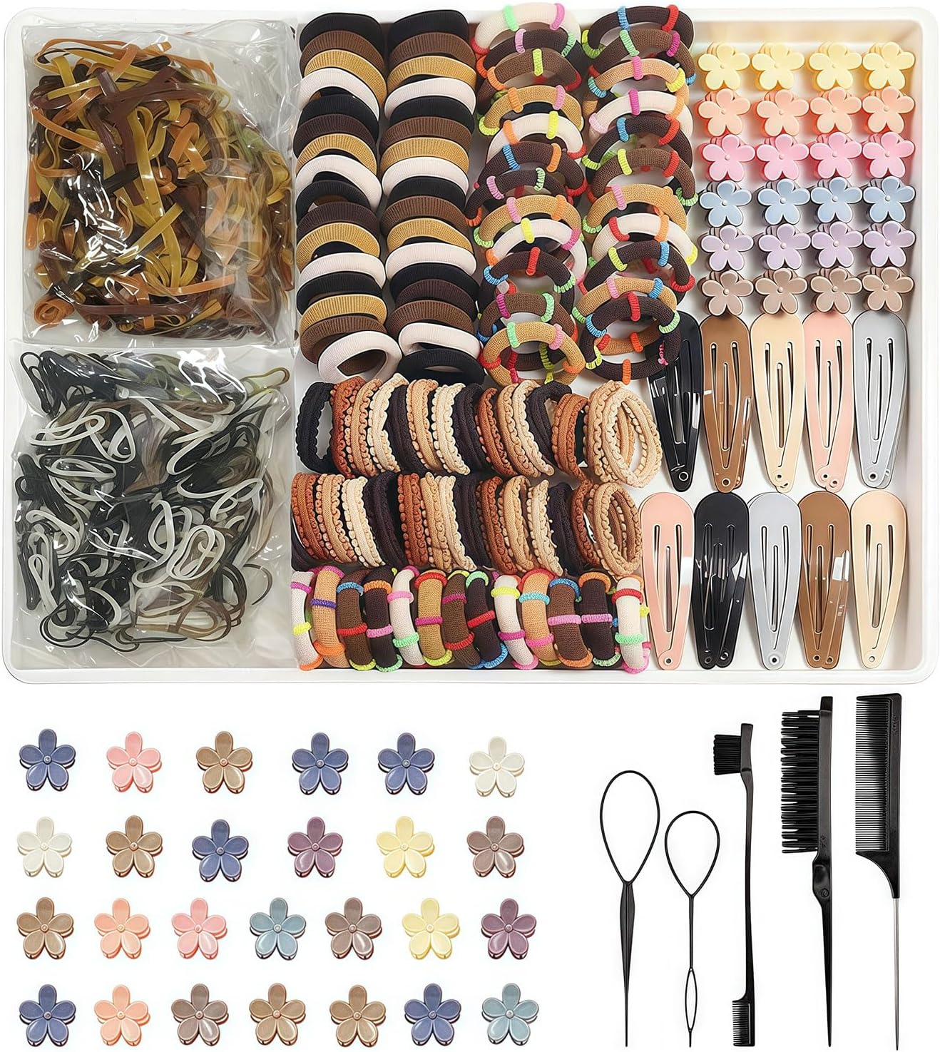 835 PCS Haargummis Mädchen – Mini élastiques & petits élastiques ensemble avec pinces à cheveux & outils de coiffure couleurs neutres
