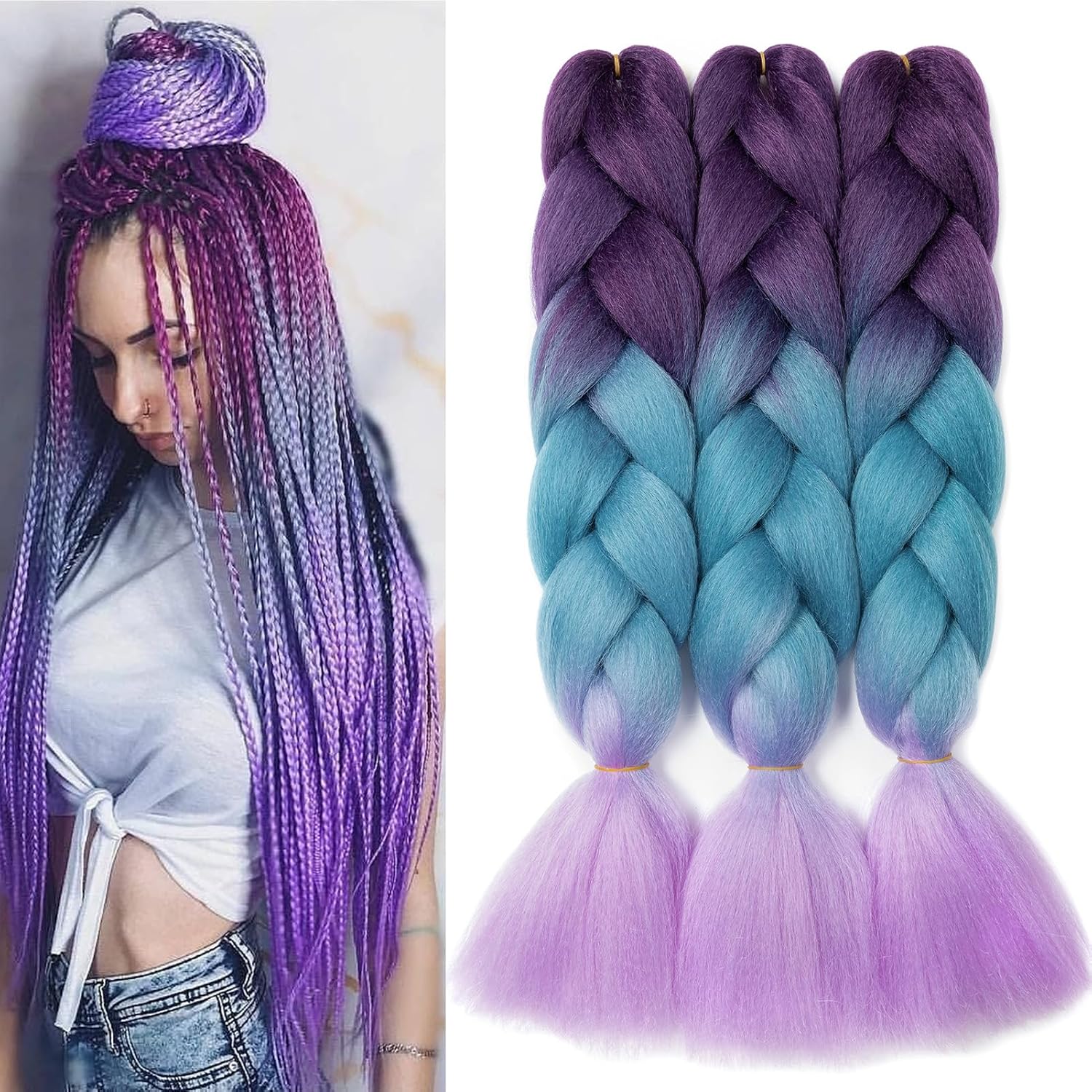 Meches pour Tresses Africaine Rajout Cheveux Braids Jumbo Extension Cheveux Ombre Synthétique Violet & Bleu & Jaune & Orange