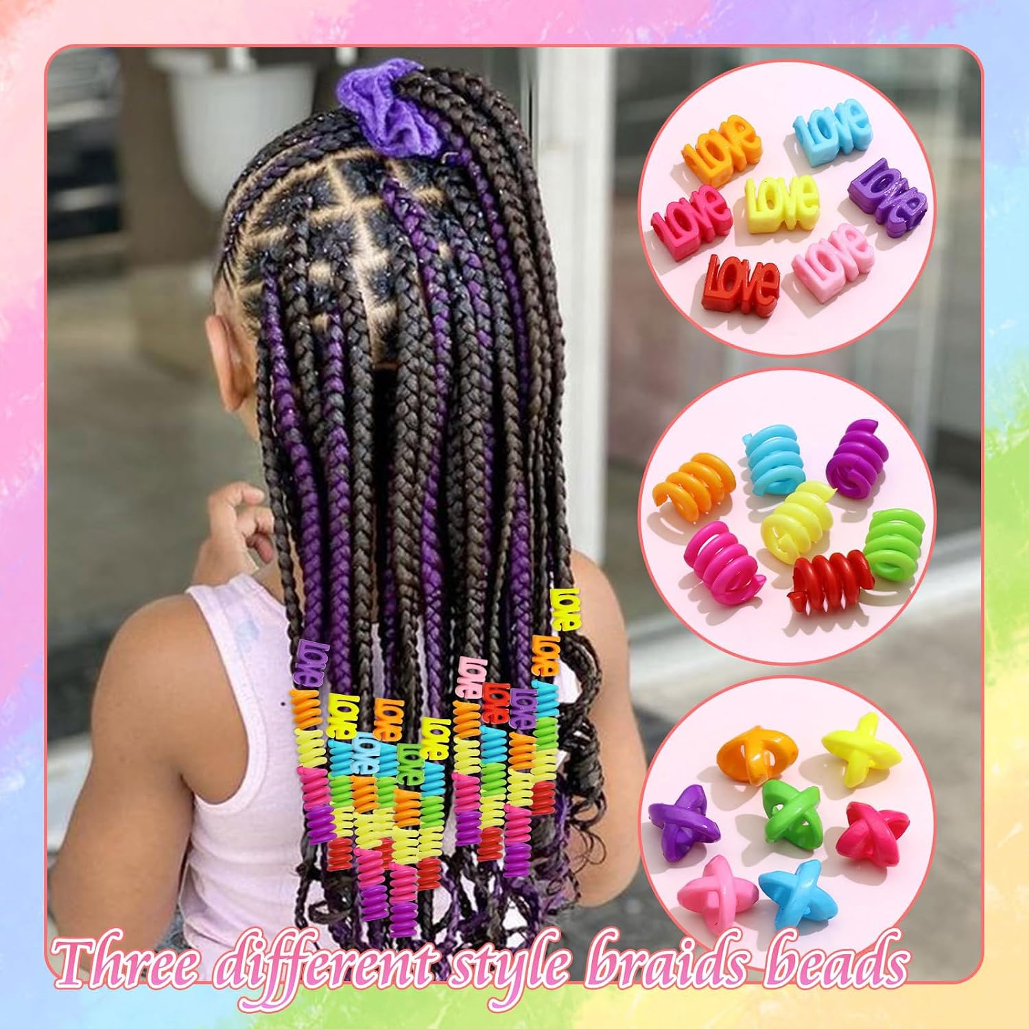 60 pièces perles à cheveux multicolores pour filles enfants tresses dreadlocks multi-formes LOVE spirale X avec aide à l'enfilage